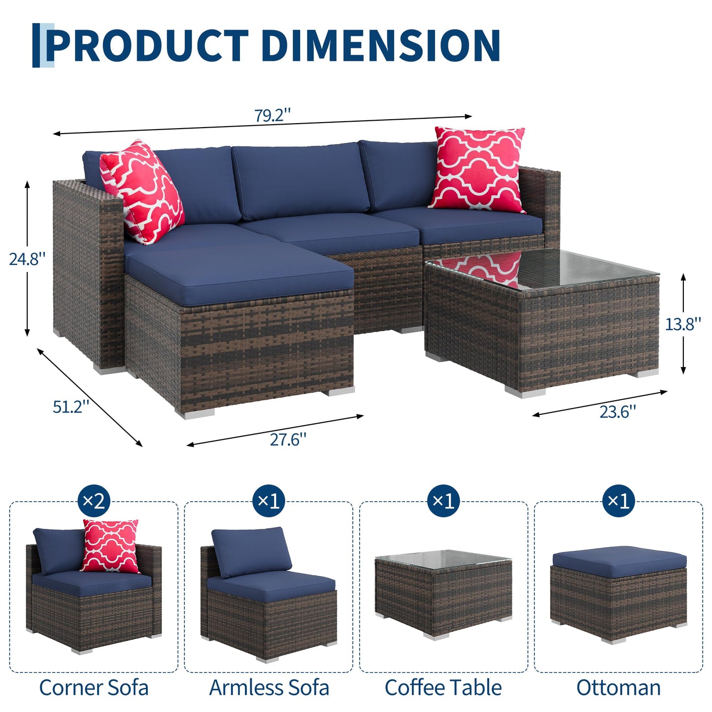 GarveeLife 5 Pieces Patio Furniture Set, Outdoor Sectional Sofa, All-Weather Wicker Conversation Set with Ottoman & Glass Coffee Table, Rattan Couch Seating for Garden, Backyard, Poolside, Navy Blue