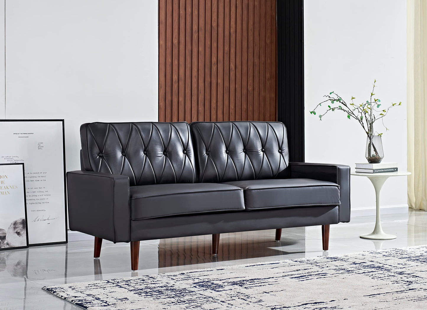 Container Furniture Modern Style Faux Leather Sofa with Elegant Round Tapered Legs and Button Tufted Backrest Perfect for Living Room, Bedroom or Home Office, 69.3’’ Wide, Black