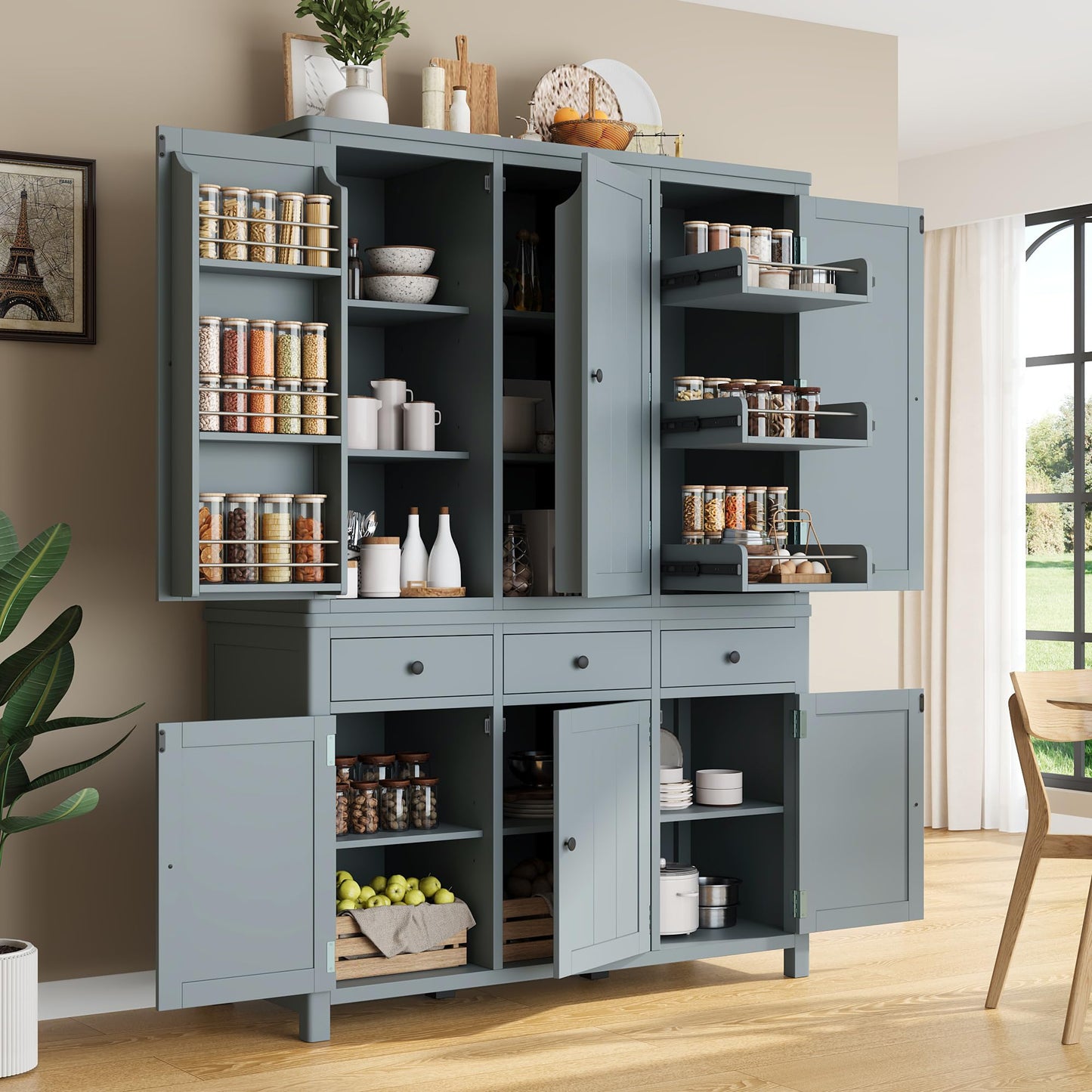 Merax 74.8'' Tall Kitchen Pantry Storage Cabinet with 6 Doors, 3 Drawers and Adjustable Shelves, Freestanding Large Cupboard & Pull-Out Trays for Kitchen, Dining Room, Living Room, Gray