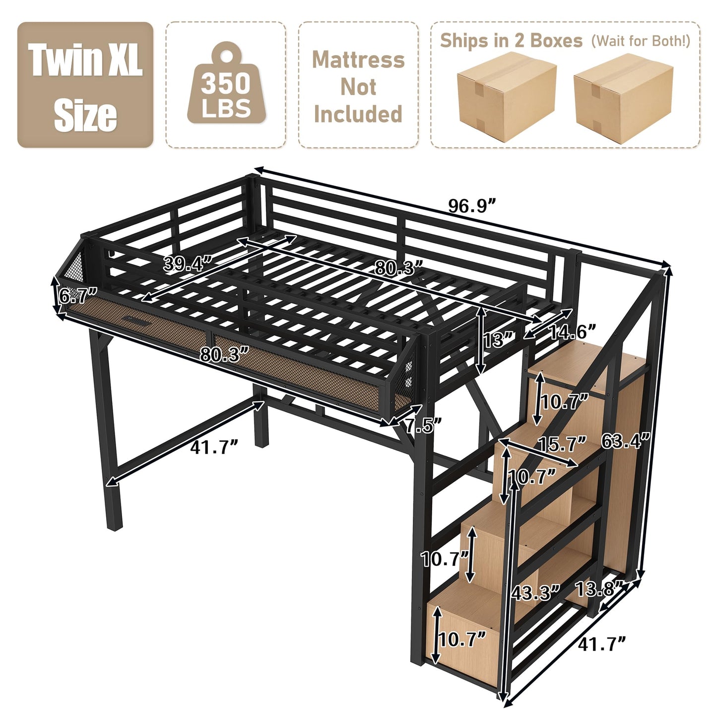 Bellemave Twin XL Loft Bed Frame with Storage Stairs, Beside Shelf & Wardrobe, Metal Loft Bed Twin XL with USB Ports & LED Light, Large Under-Bed Space Loft Beds for Adults, Teens, Kids, Black Natural