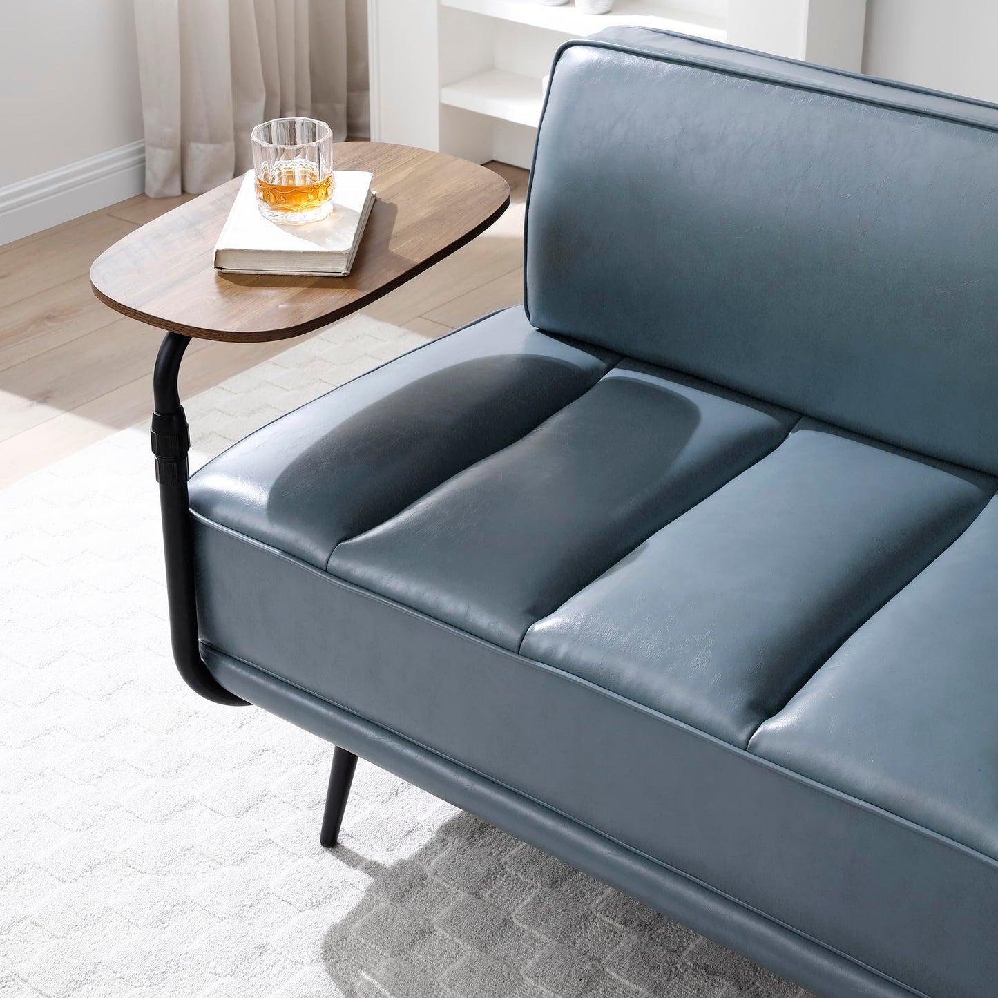 KEIKI End of Bed Bench for Bedroom with Swivel Tray & Tablet Holder, Modern Faux Leather Upholstered Sitting Bench with Metal Legs, Chaise Lounge Bedroom Couch, Gray