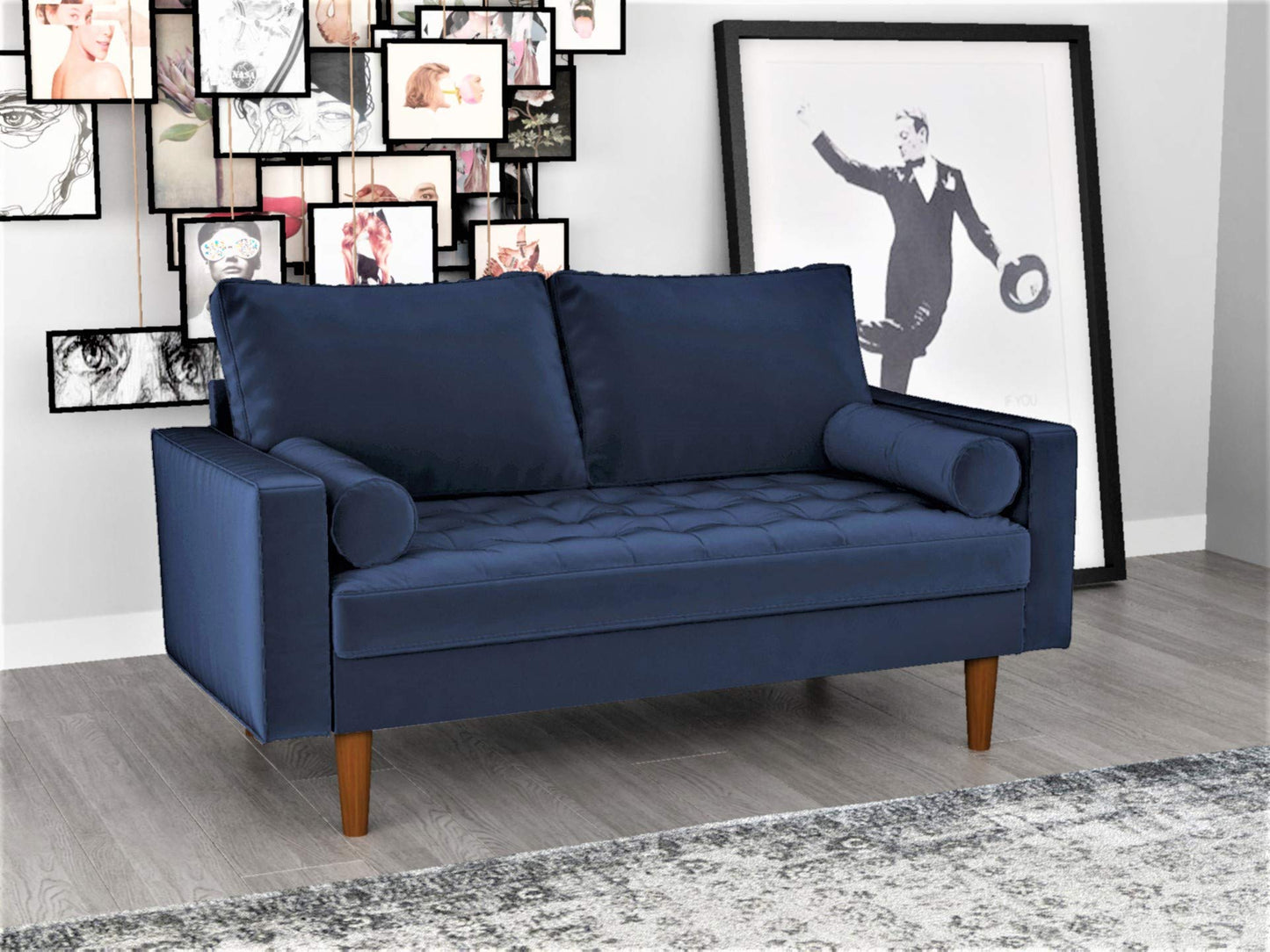 Container Furniture Direct Womble 58 Inch Velvet Loveseat Sofa with Elegant Button Tufted Upholstery, Square Arms, Splayed Wood Legs, Includes Matching Bolster Pillows, Denim Blue