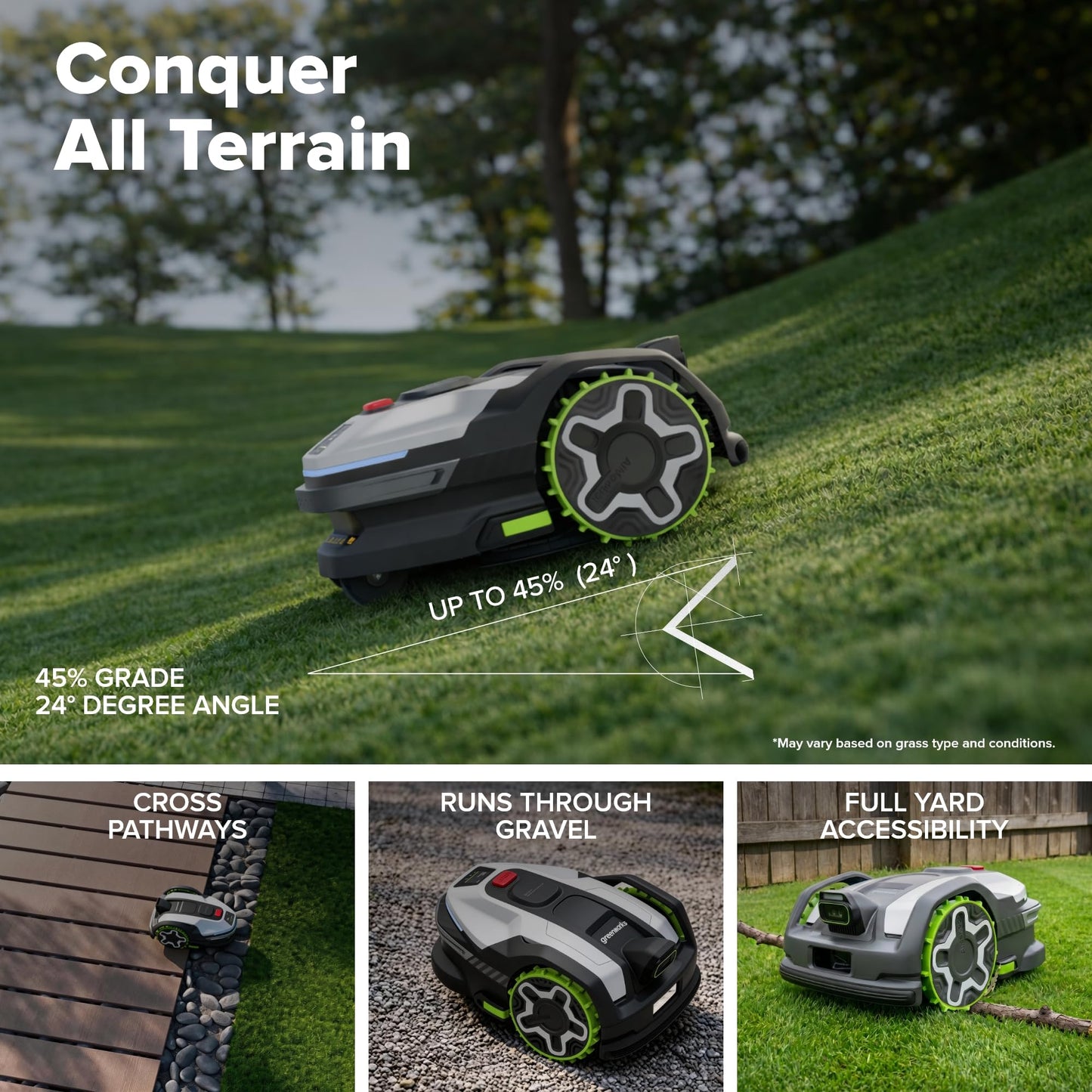 Greenworks C20Z Wire-Free Robotic Lawn Mower, up to 1/2 Acre, RTKVision Navigation, 24-Degree Slope Climbing, Smart Obstacle Avoidance, App Control with Electric Height Adjustment