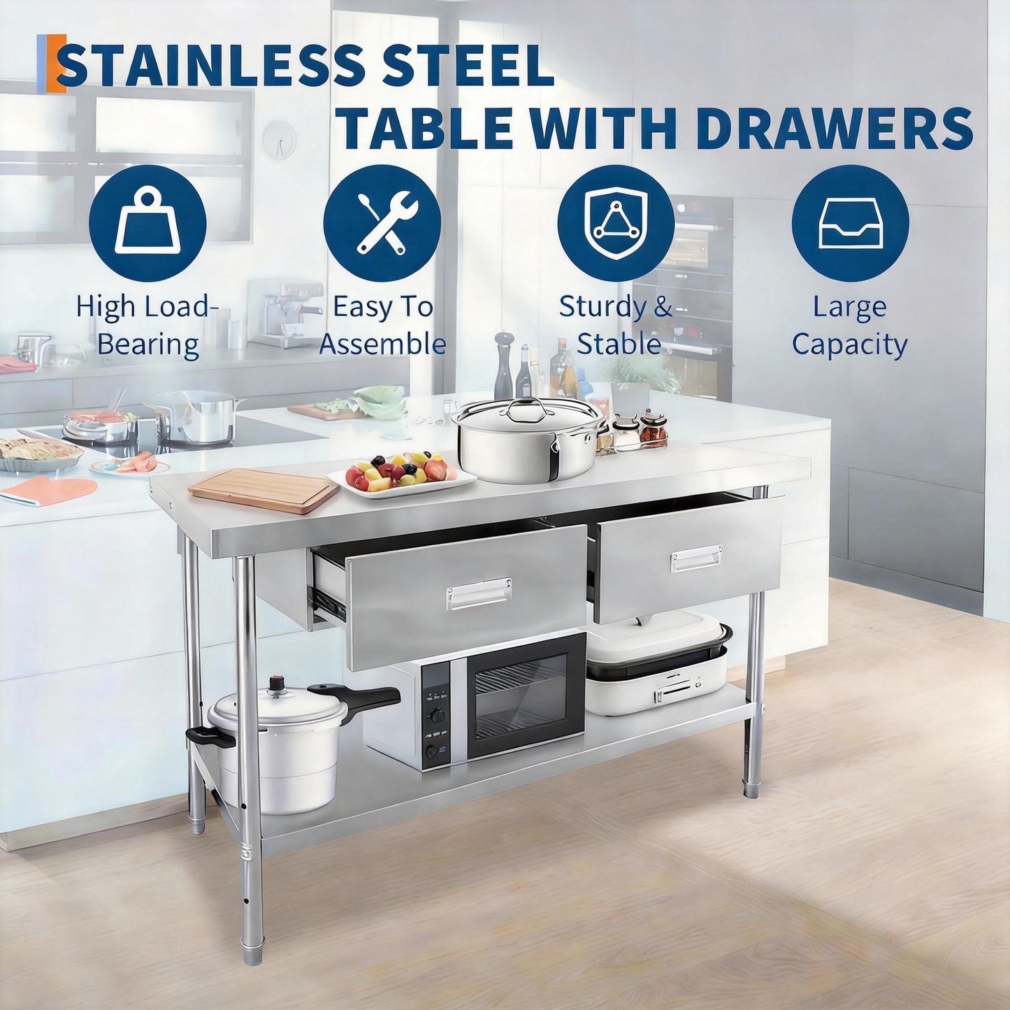 Stainless Steel Table with Drawers, 48"x24" Prep Table for Commercial Kitchen, Heavy-Duty Work Tables Workbench with Adjustable Undershelf for Home Kitchen Restaurant Garage