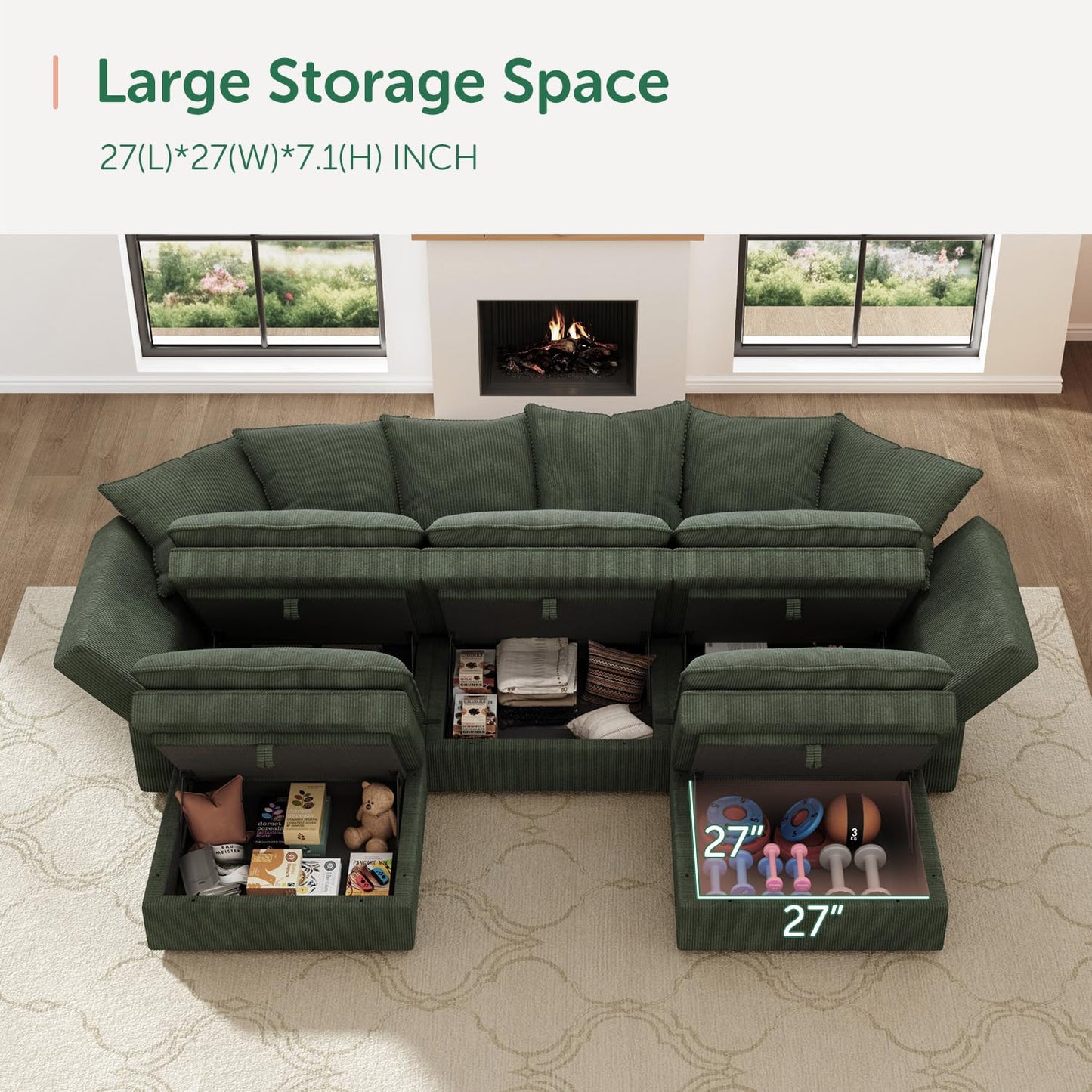 HONBAY Modular Sectional Sofa, 105.5 Inch Deep Seat U Shaped Couch with Storage & Adjustable Armrest Backrest, Green