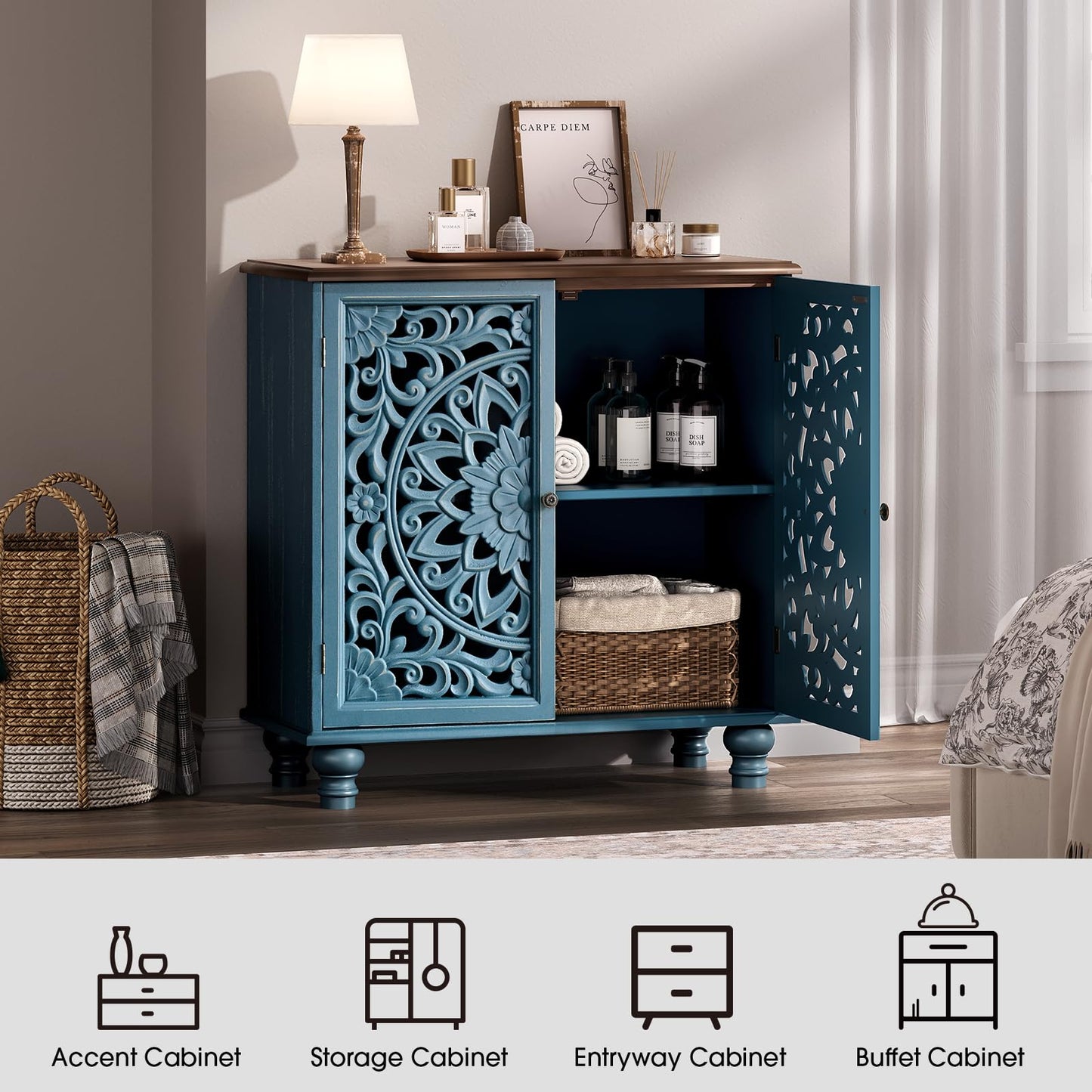 Accent Cabinet with Carved Doors,Blue Buffet Cabinet with Storage