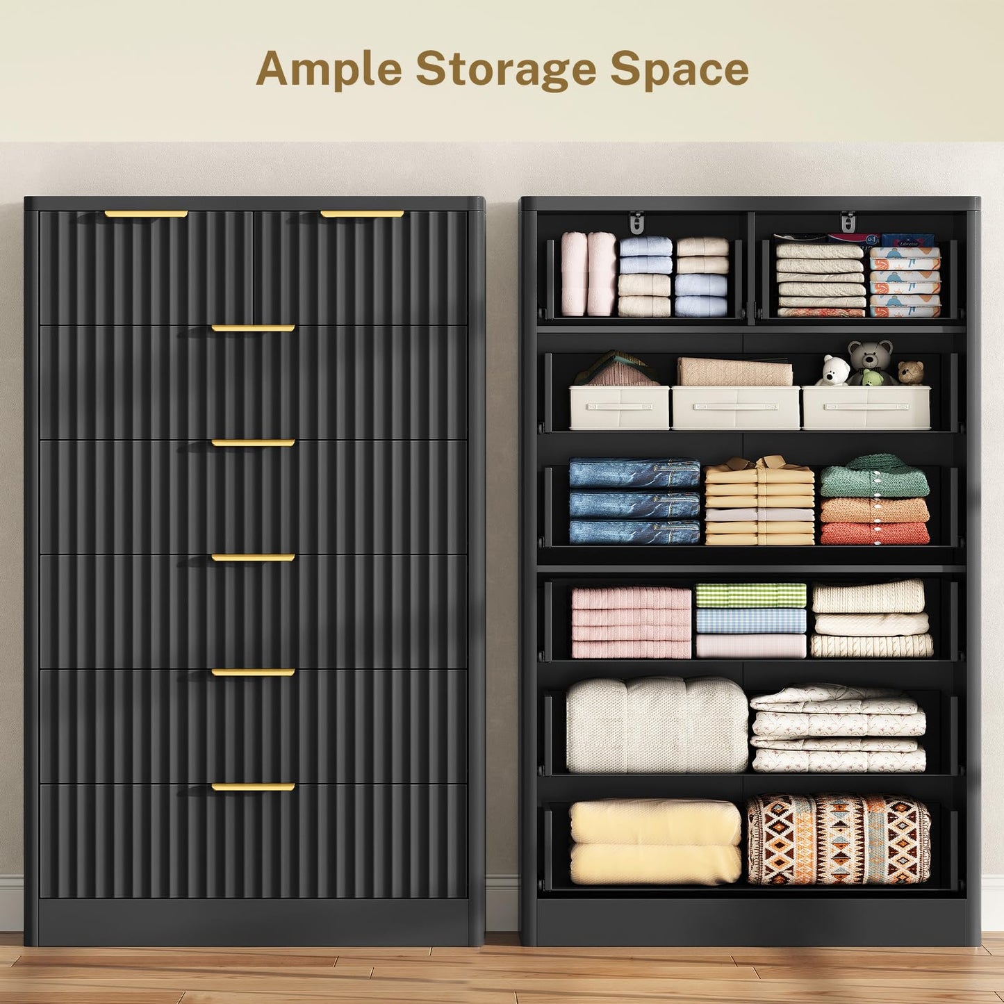 TEENOFN Fluted Dresser for Bedroom with 7 Drawers, 48" Tall Modern Chest of Drawers with Metal Handle, Wooden Dresser TV Stand, Wood Closet Clothes Storage Organizer for Living Room, Hallway, Black