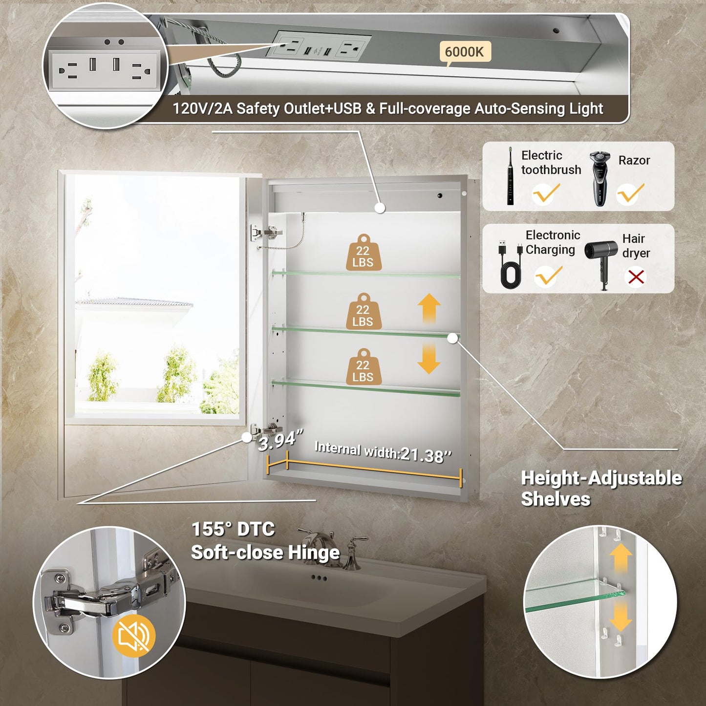 QueenFun 24x32 Front & Backlit Medicine Cabinet with LED Lights, 155°Soft-Close Hinge, Surface or Recessed Dimmable Lighted Medicine Cabinet Mirror with Clock Outlet Inner Light,Anti-Fog