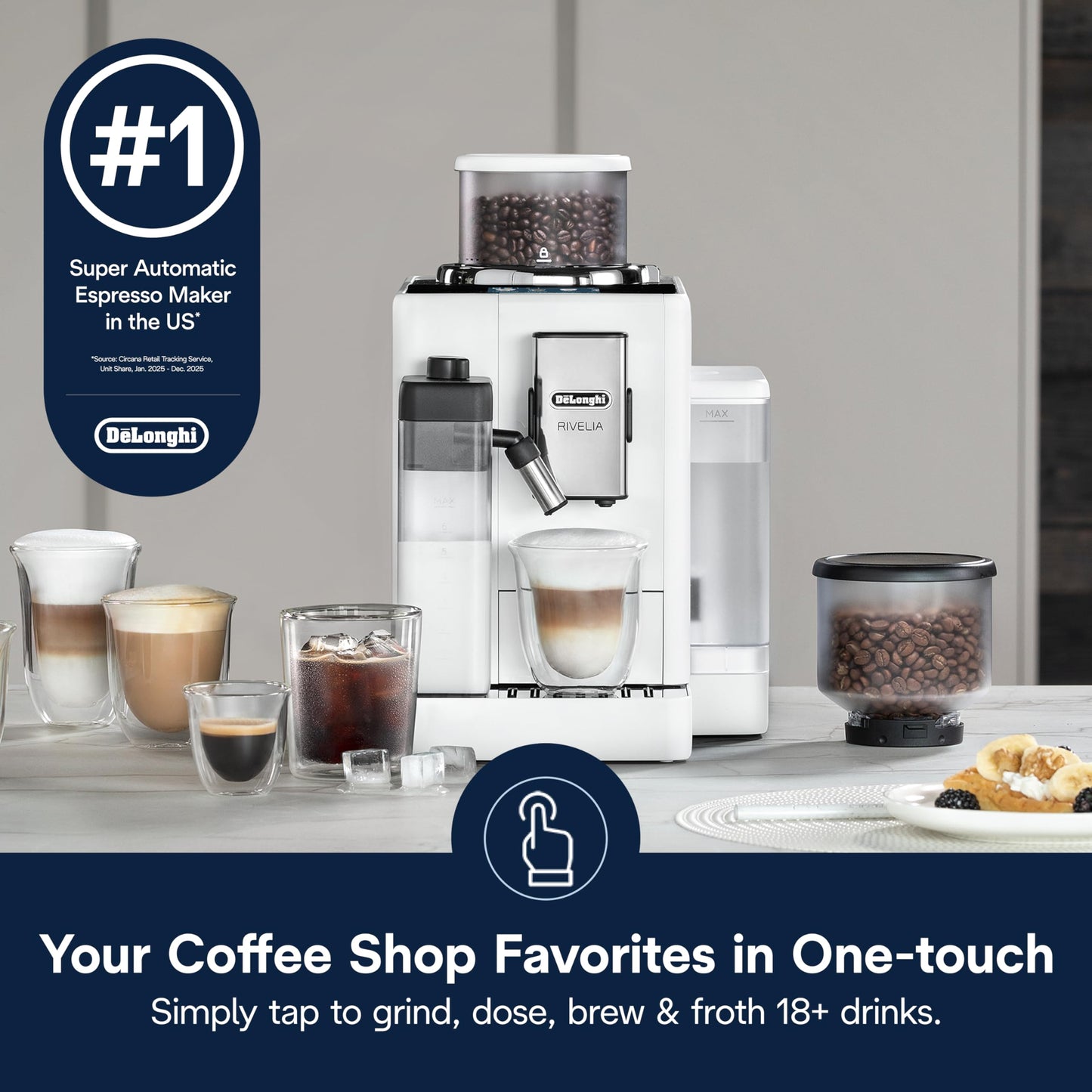 De'Longhi Rivelia Automatic Espresso Machine with Grinder & Milk Frother – All-in-One Coffee Maker, Hot & Iced Latte, Cappuccino, Bean Switch System, Burr Grinder, Compact Italian Design, White