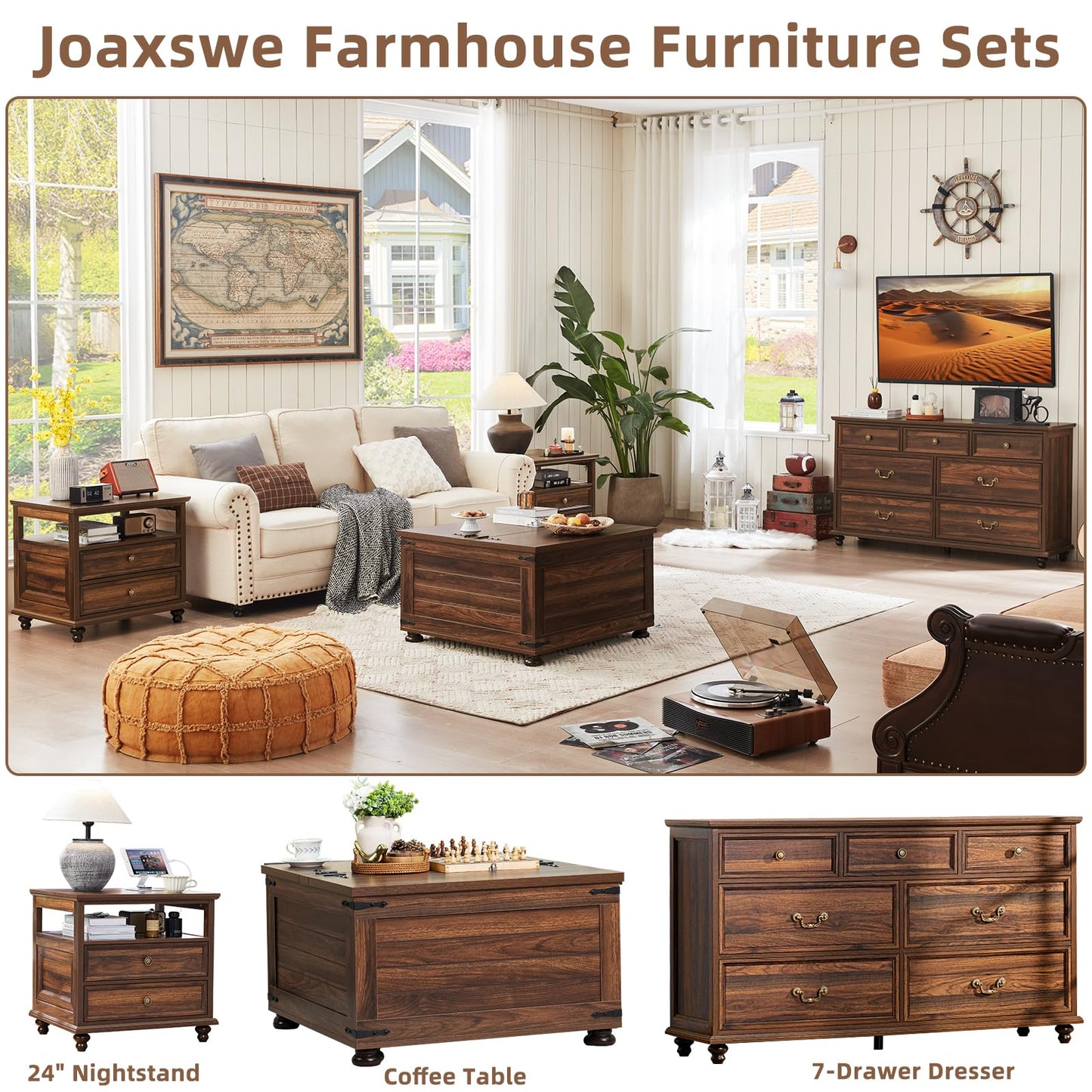 Joaxswe 24" Wide Farmhouse Night Stand Set of 2,Large End Table with 2 Drawers & Metal Handle,Brown Wood Dresser for Bedroom, Bed Side Table Chest of Drawers Cabinet, Nightstand for Living Room,Closet