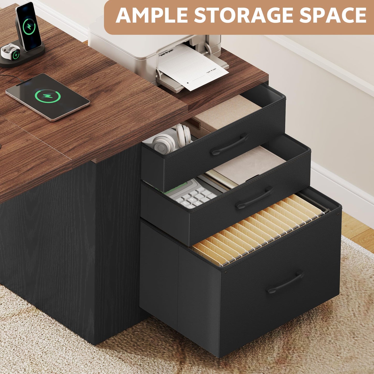 Homiflex 75.5 Inches Electric Standing Desk with Drawers Farmhouse Sit Stand Desk with Storage Adjustable Height Computer Desk with Power Outlets Printer Space for Home Office Black and Walnut