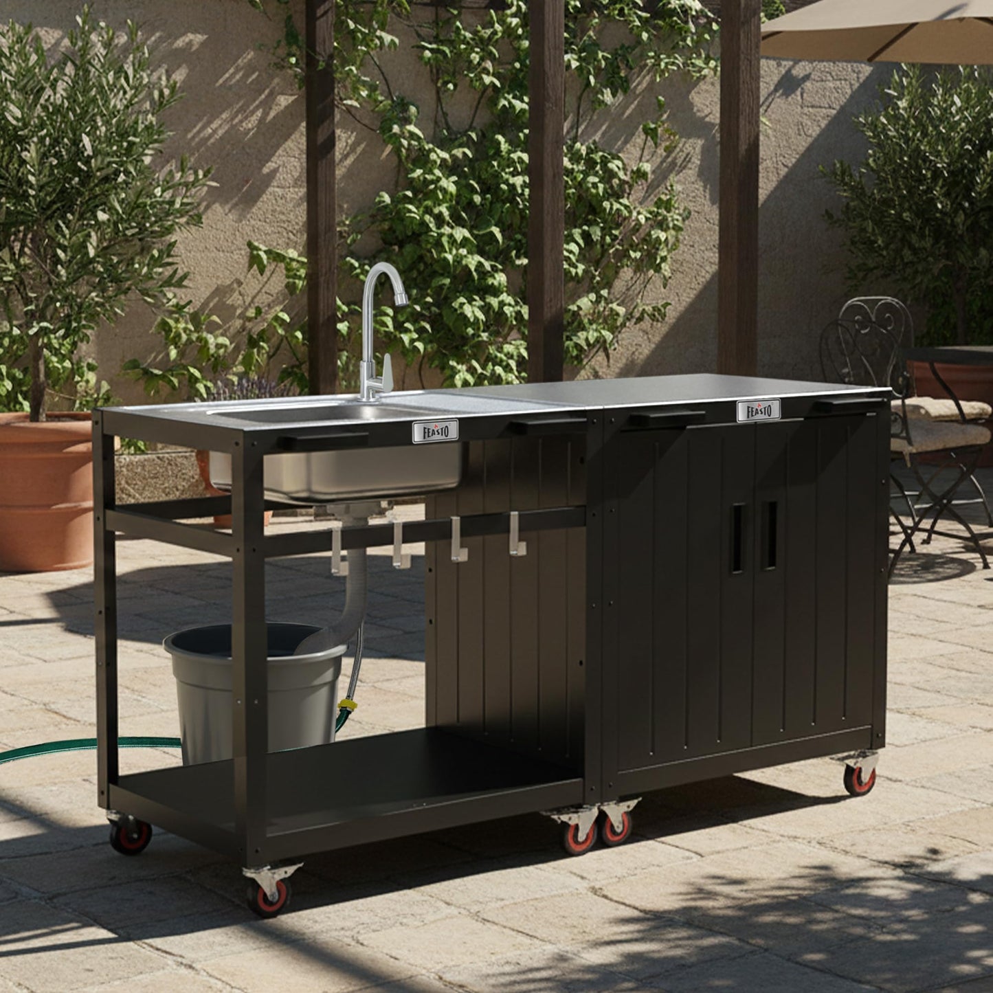 FEASTO 35-Inch Outdoor Grill Cart with Stainless Steel Sink, Rolling BBQ Prep Table with Faucet, Storage Shelves and Lockable Wheels for Patio, Backyard and Outdoor Cooking, Silver & Black