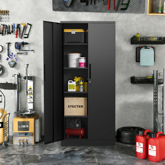 FOSTOKO 71" H Garage Storage Cabinet with 2 Doors and 4 Adjustable Shelves, Metal Storage Cabinet, Tool Storage Cabinet with Lock, Utility Cabinets for Home Office, Garage, Shop, Warehouse