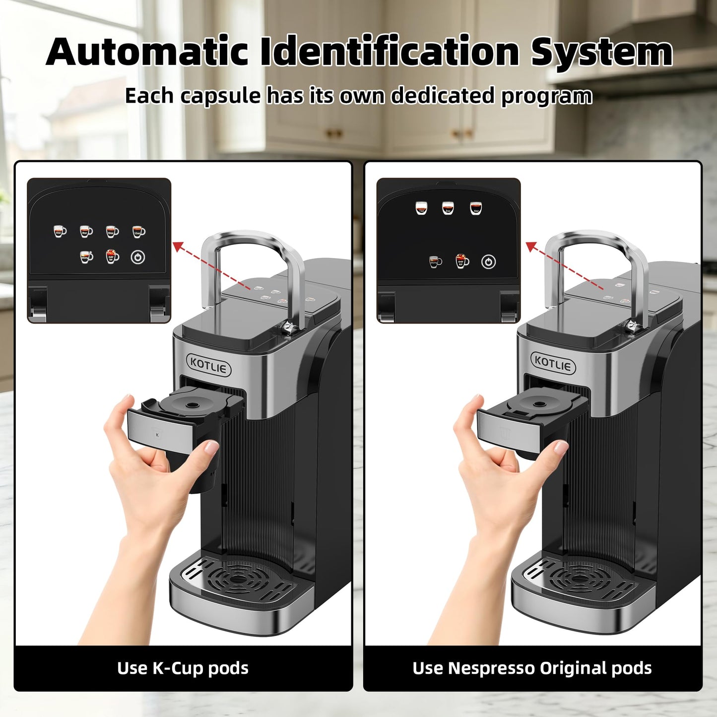 KOTLIE Single Serve Coffee Maker for K*cup/Nes Original/D*G Capsules and Ground Coffee, 50 Oz Removable Reservoir, up to 12oz Cup Sizes,Ideal for Kitchens, apartments, dorm rooms and Offices (CM-827)