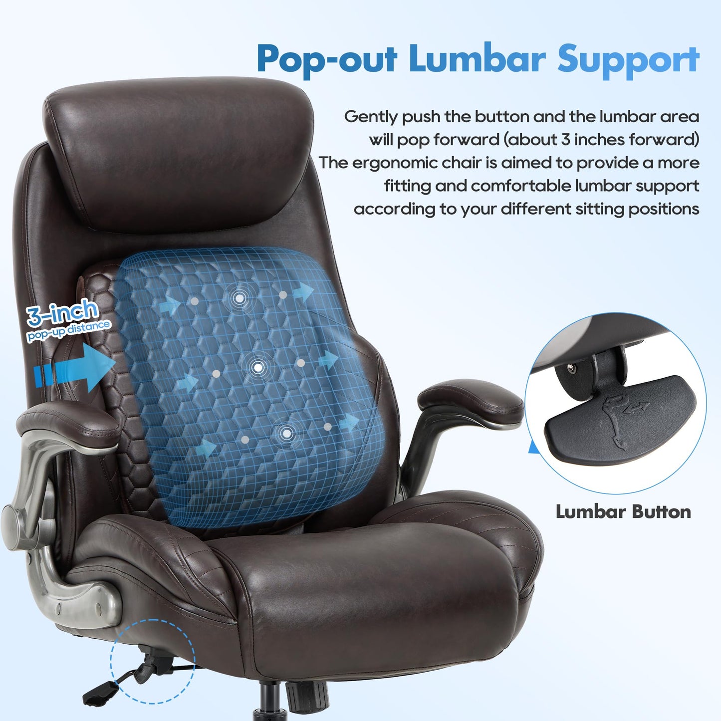 COLAMY Office Ergonomic Desk High Back Executive Chair with Pop-Out Lumbar Support, Upgraded Casters, Adjustable Headrest, Flip-Up Arms, Leather Home with Thick Cushion for Comfort - Brown