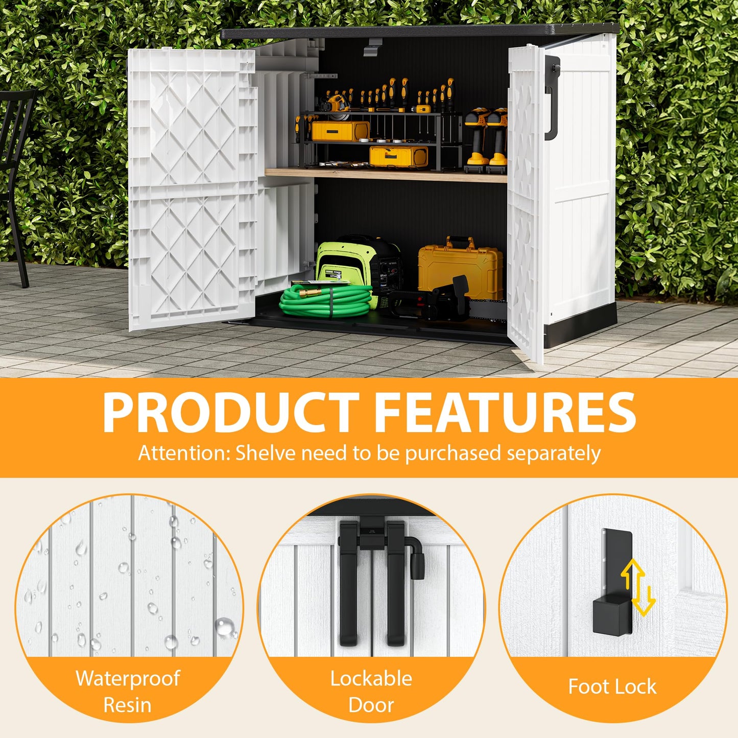 LHBcraft Outdoor Storage Cabinet 36 Cu Ft with Lockable Doors, Portable Horizontal Resin Storage Shed - Easy to Assemble, Waterproof Small Storage Shed with Floor