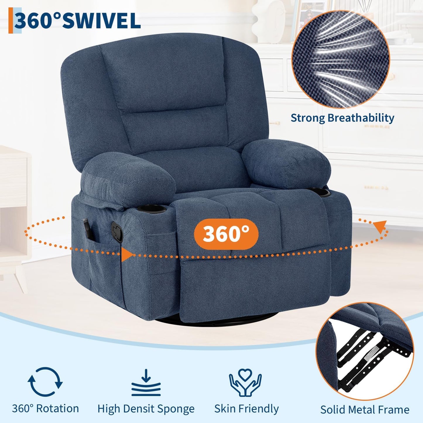 Oversized Swivel Rocker Recliner Chair for Adult,360° Swivel Rock Recliner with Massage&Heating,Extra Wide Manual Recliners, Upholstery Overstuffed Soft Rocking Sofa Chair