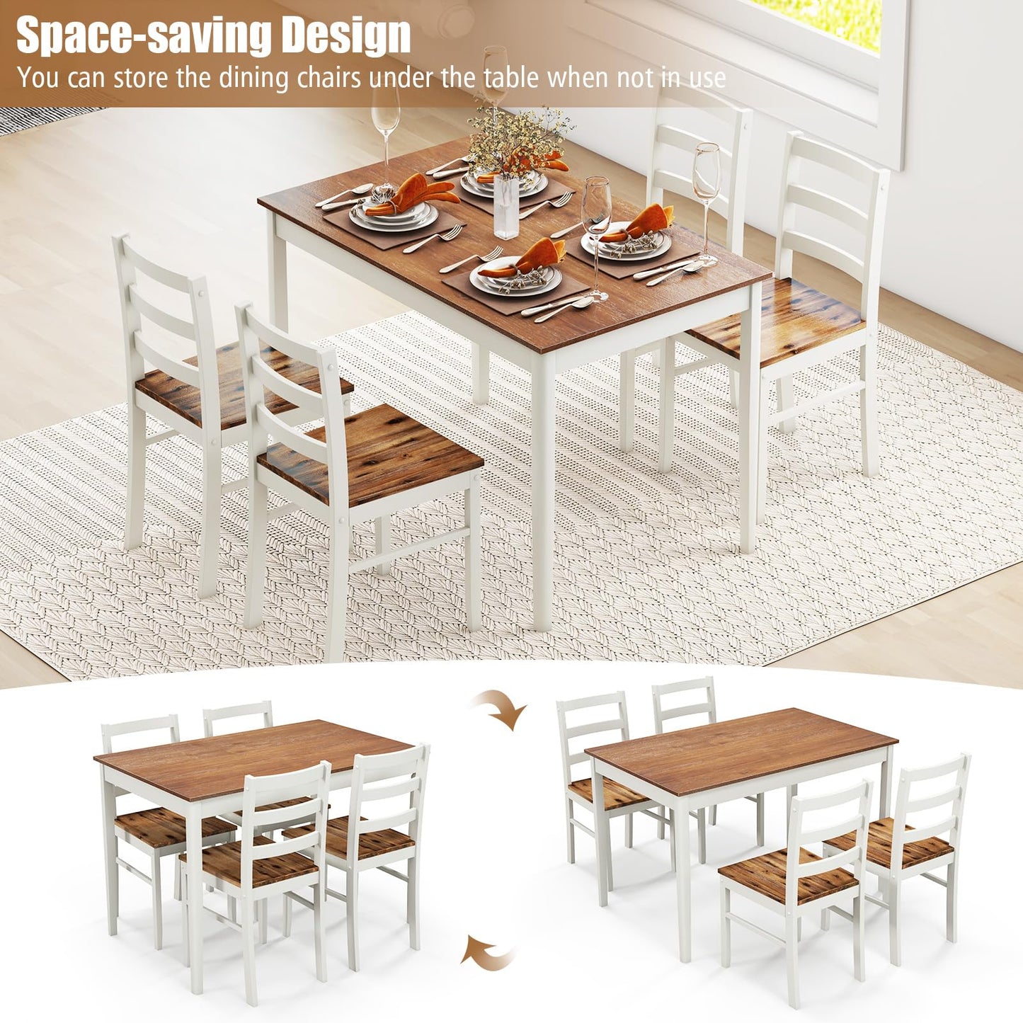 Tangkula Dining Table Set for 4, Solid Wood, Farmhouse Dinette Set w/Rubber Wood Legs, Mid-Century Modern, Compact Dining Table and Chairs Set for Kitchen, Dining Room (Brown+White)