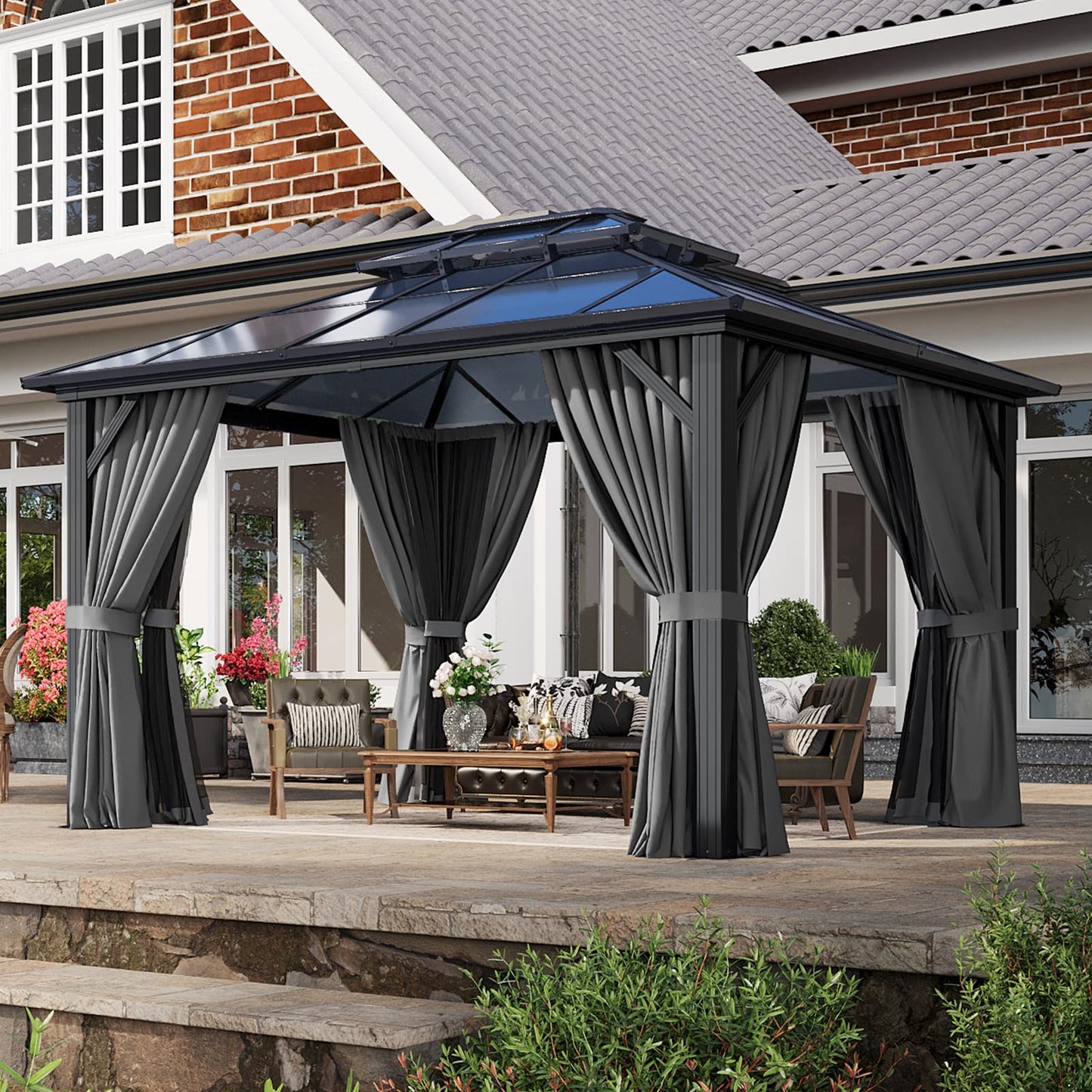 Aoxun 10'x12' Hardtop Gazebo, Aluminum Frame Permanent Pavilion with Curtains and Netting, Outdoor Polycarbonate Double Roof Canopy for Garden, Lawns, Patio