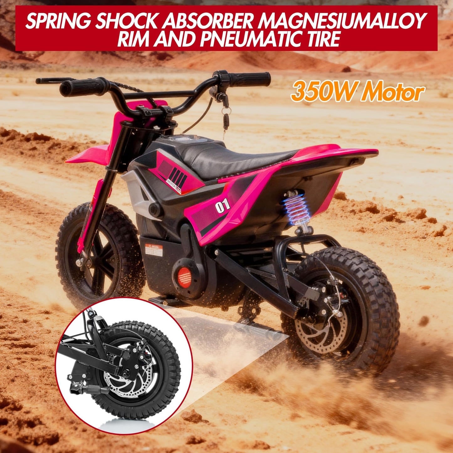 350W 24V Electric Motorcycle for Kids – Mini Dirt Bike with 13.67 MPH Top Speed, 12-Mile Range, Rear Suspension, Twist Grip Throttle, Music, and Comfortable Leather Seat
