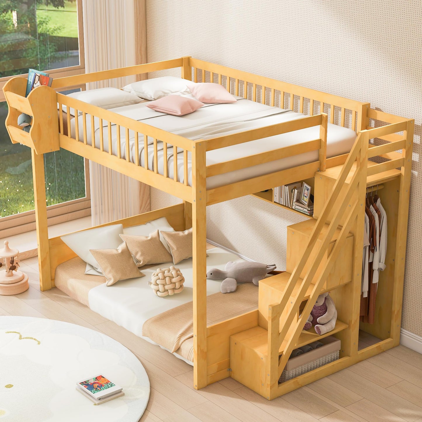 Merax Queen Size Wood Loft Bed Frame with Staircase,Storage Shelves & Wardrobe for Teens, Modern Loft Bed with Solid Slats, Guardrail, No Box Spring Required, Easy Assembly, for Bedroom, Natural