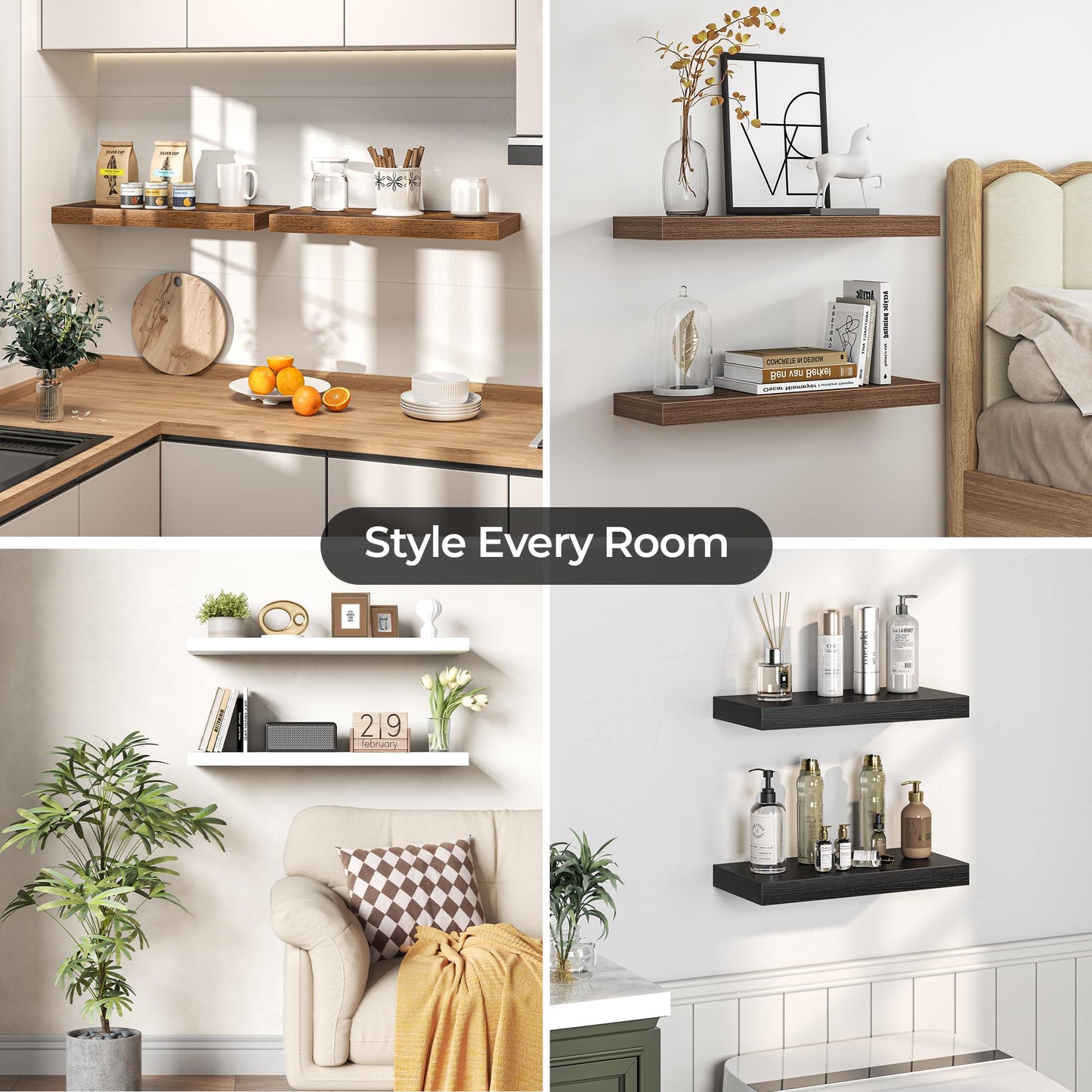 Fun Memories Floating Shelves for Wall, 72 Inch Long Set of 2 Rustic Wood Wall Shelves with Invisible Brackets, Heavy Duty Storage Display for Living Room Bedroom Kitchen, Brown