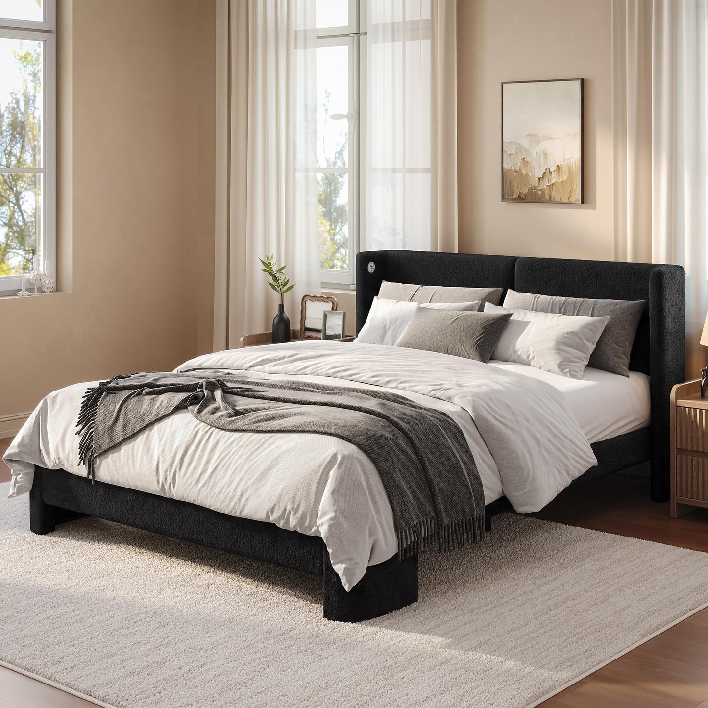 LIKIMIO Queen Bed Frame with Headboard, Upholstered Boucle Platform Bed with USB Ports, Base Camas Queen No Box Spring Needed, Black