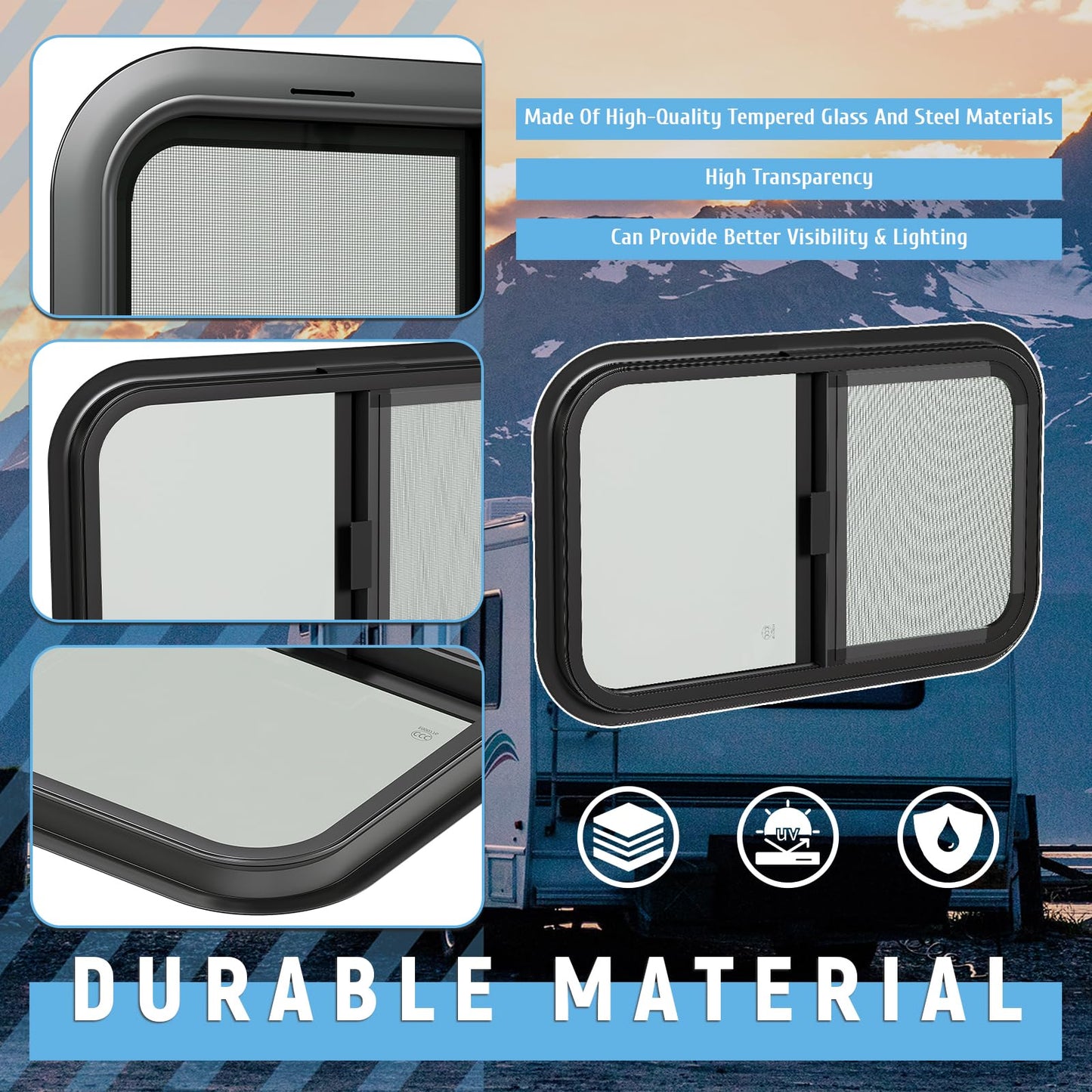 HECASA RV Window with Screen, 24inx15in, Tempered Glass, Black, Model MO-1725, Compatible with RV Camper Cargo Trailer Teardrop