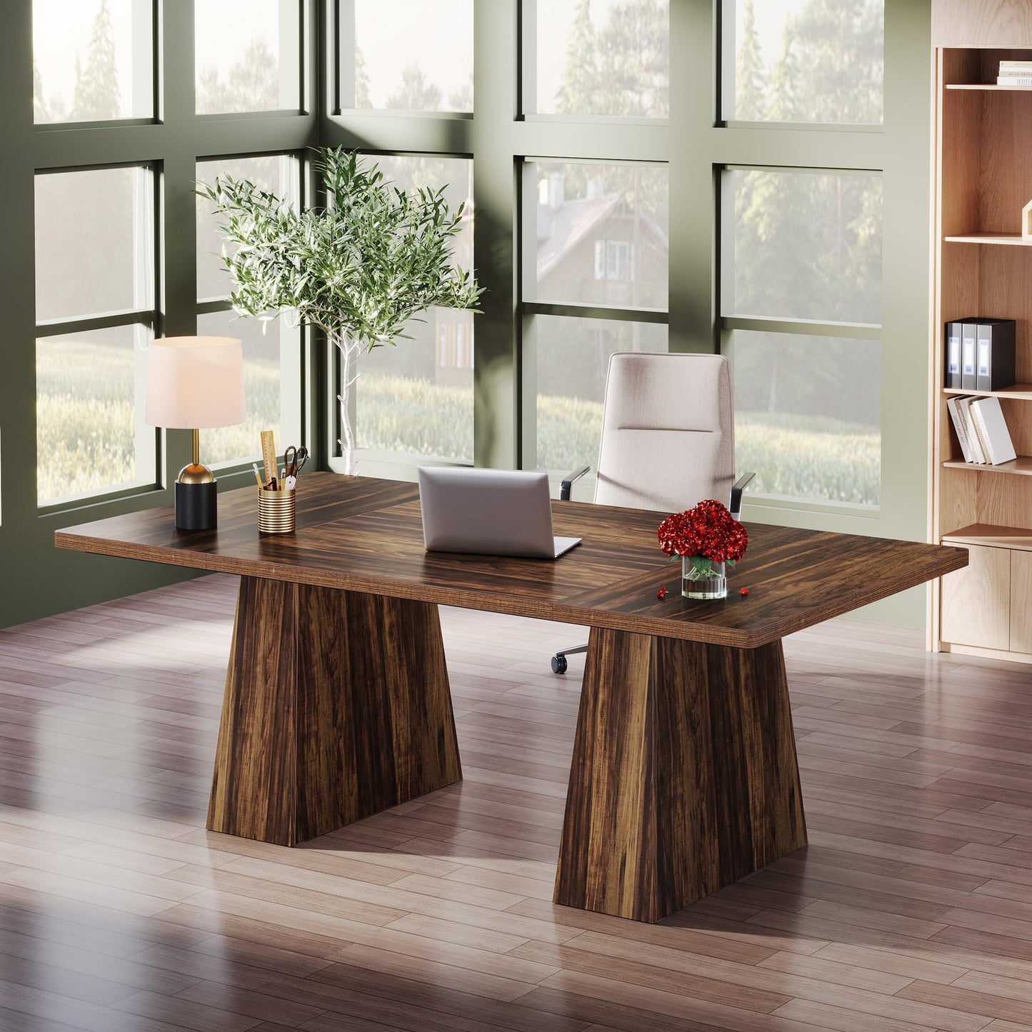 Tribesigns 63-Inch Executive Desk, Large Office Computer Desk with Double Pedestal, Modern Simple Workstations Writing Table Conference Table Business Furniture for Home Office, Rustic Brown