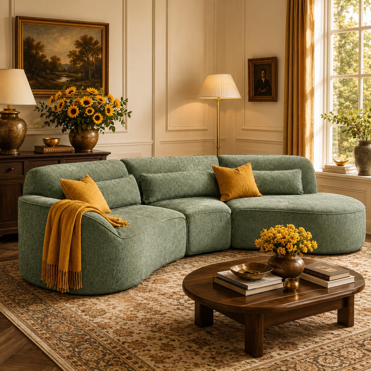 Merax 123.23" Curved Polyester Sectional Sofa Set, Modern Cloud Couch with Chaise Lounge & 3 Pillows & Right Hand Facing, High-Density Fully Compressed Sponge, Fully Assembled for Living Room, Green