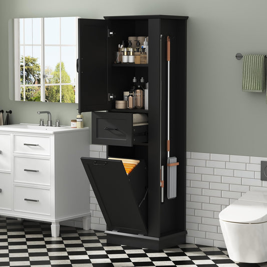 Tall Cabinet Linen Tower with Door and Drawer, Multi-Functional Bathroom Storage Organizer with Laundry Hamper, Left or Right Orientation, Soft-Closing Door, Black