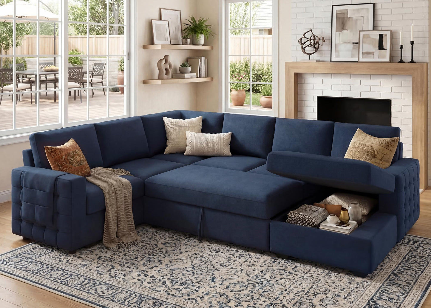 HONBAY Sleeper Sectional Couch with Pull-Out Bed Sectional Sleeper Sofa Pull Out Bed with Storage Chaise, 6 Seaters Couch for Living Room, Velvet Blue