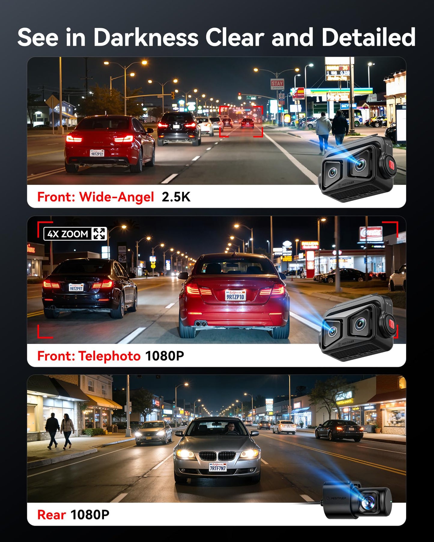 REDTIGER ZP1 Dash Cam Front and Rear, Telephoto+Wide Front Lenses for 100ft Plate Recognition, 4X Zoom, 2K+1080P Recording, Dual STARVIS 2, HDR Night Vision, 5.8GHz WiFi, Voice Control, Loop Recording