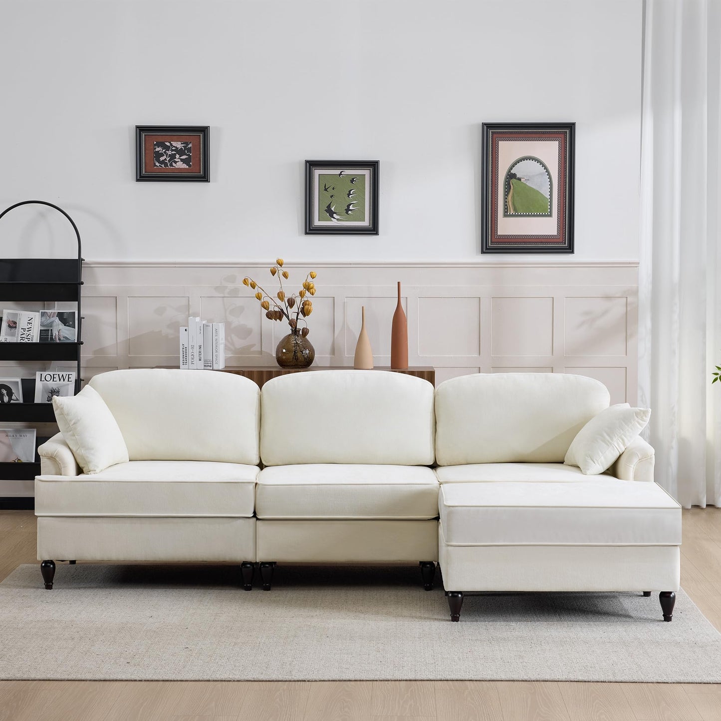 ERYE 103" L-Shaped Convertible Sectional Sofa W/Removable Ottoman and Ruffled Pleated Skirt, Comfy Chenille Sectional Couch Reversible Corner Sofa Couch for Living Room