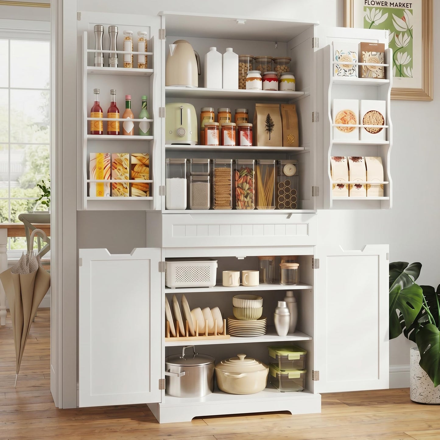 Gizoon 70" Tall Kitchen Pantry Cabinet with Doors and Adjustable Shelves, Pantry Storage Cabinet with Drawer Freestanding Organizer for Small Kitchen Bathroom Laundry Room, Painted White
