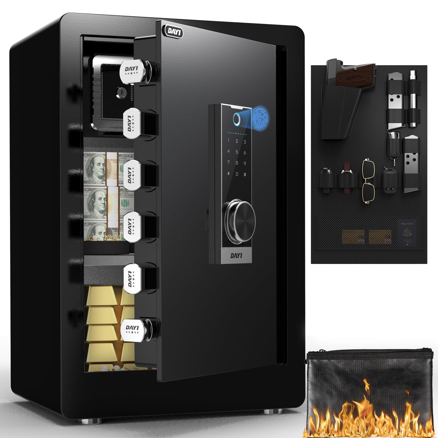DAYI Biometric Fingerprint Safe Box, 3.0 Cu. Ft. Home Safes with Fireproof Bag, Digital Touchpad Security Safe for Money Cash Documents, Dual Alarm System - 60 Pro