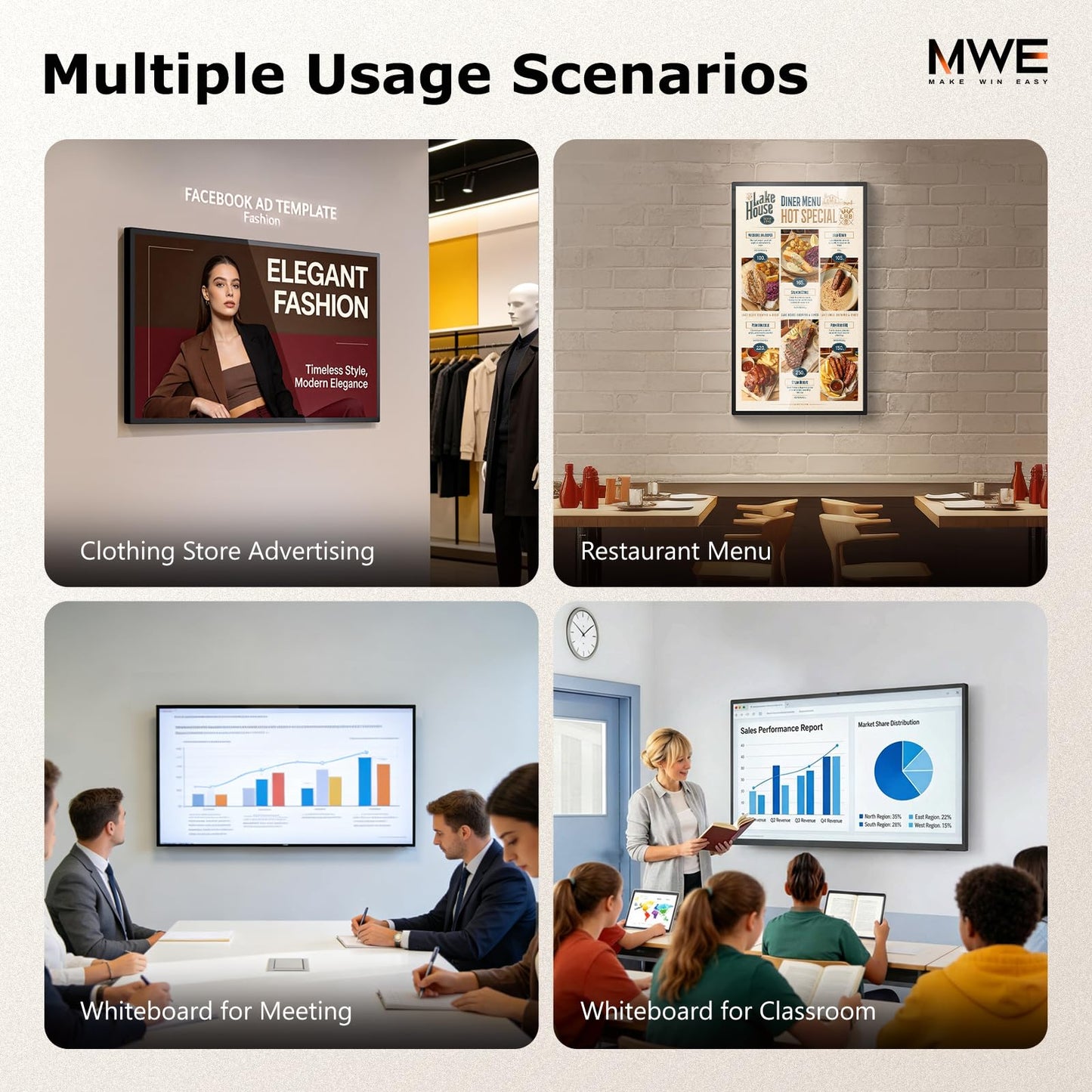 MWE 32 inch Wall Mount Digital Signage, FHD Touchscreen Monitor Android 14, Multi-Touch Screen Smart Split, Commercial Advertising Display, Time Switch, CMS Management, HD-MI/ USB/ WiFi/ for Windows