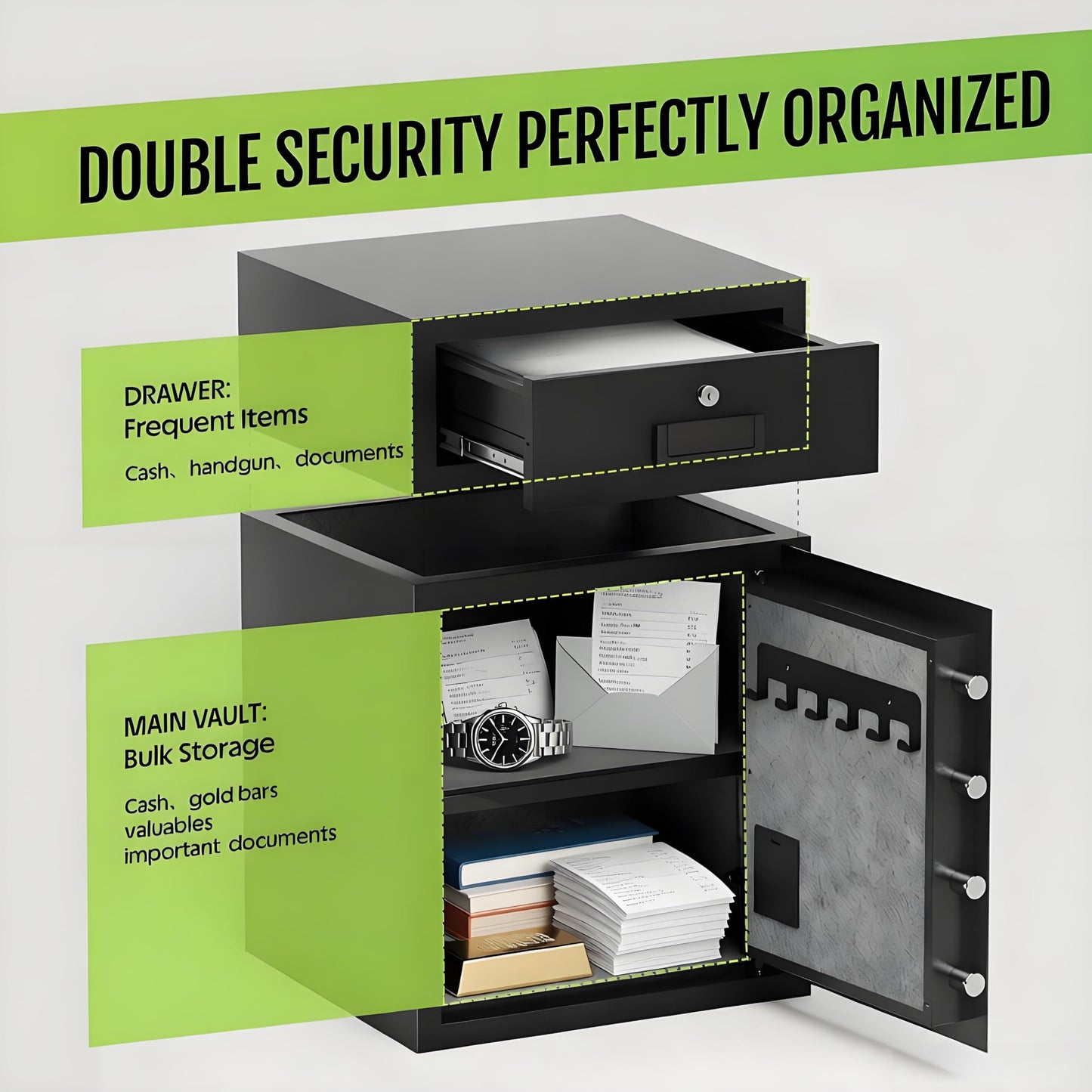 KAER 5.1 Cuft Money Safe for Home Drawer Safe Box with Mechanical Lock for Daily Cash & Keys Felt-Lined with Adjustable Shelf, Silent ＆Alarm, Fireproof Waterproof Bag, 49.2 lbs Caja Fuerte para Dinero