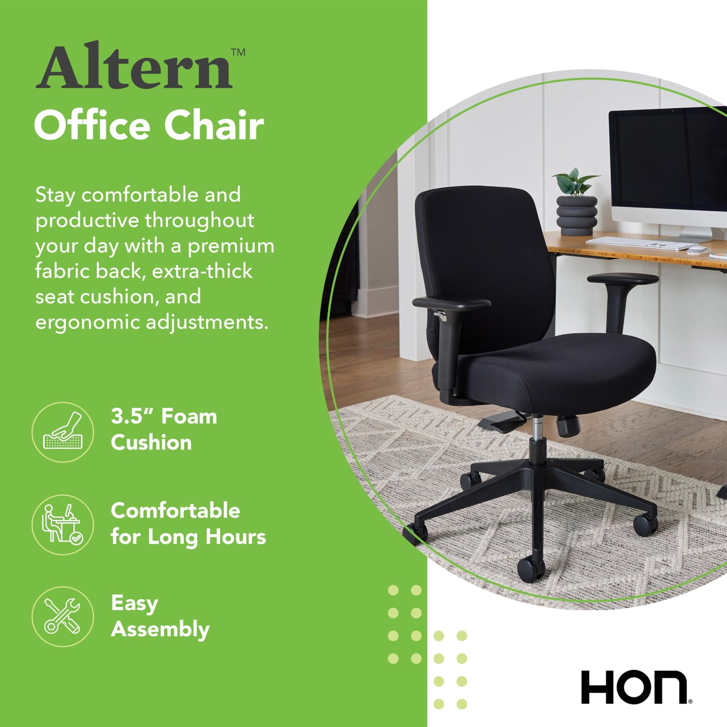 HON Altern Ergonomic Fabric Office Chair, Low‑Back Desk Chair with Adjustable Arms, Seat Slide, Synchro‑Tilt, Rolling Computer Seat for Home Office, Black Frame, Black