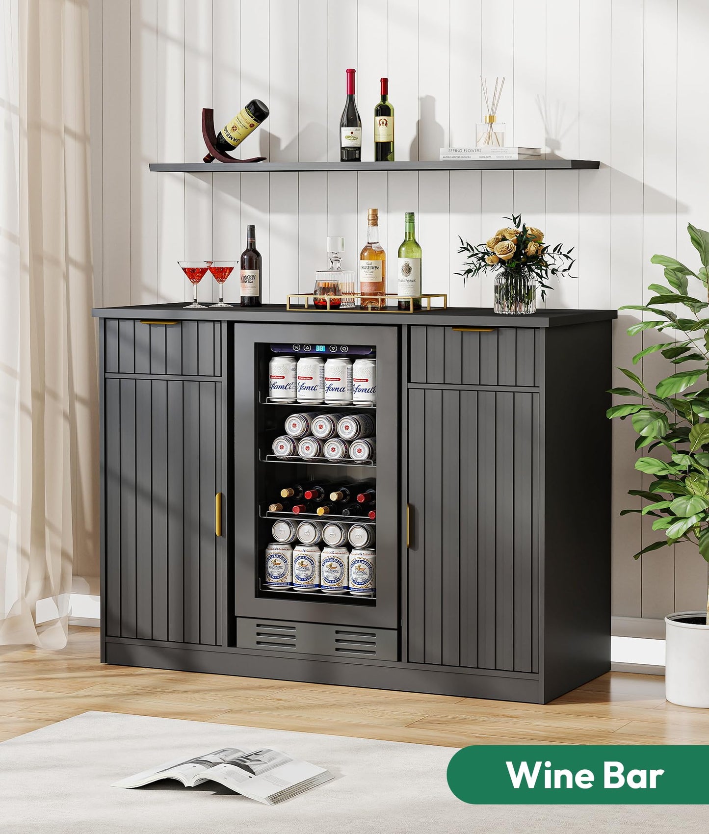 Lamtor Coffee Bar Cabinet with Storage - 53" Mini Fridge Cabinet with Power Outlet, Fluted Wine Bar with Drawer & Door Storage for Kitchen Dining Room, Black