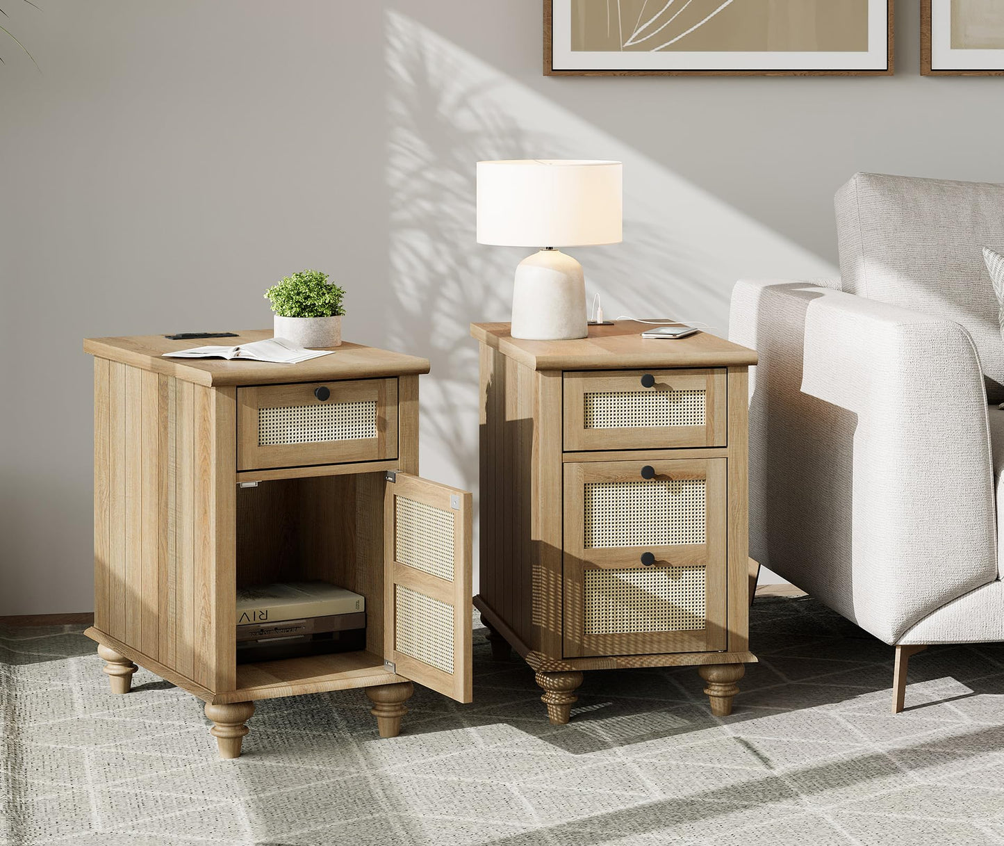 WAMPAT Set of 2 Rattan End Tables with Charging Station, Tall Side Tables Nightstand with Drawer & Storage Cabinet, Light Wood Bedside Table for Bedroom & Living Room, Burlywood