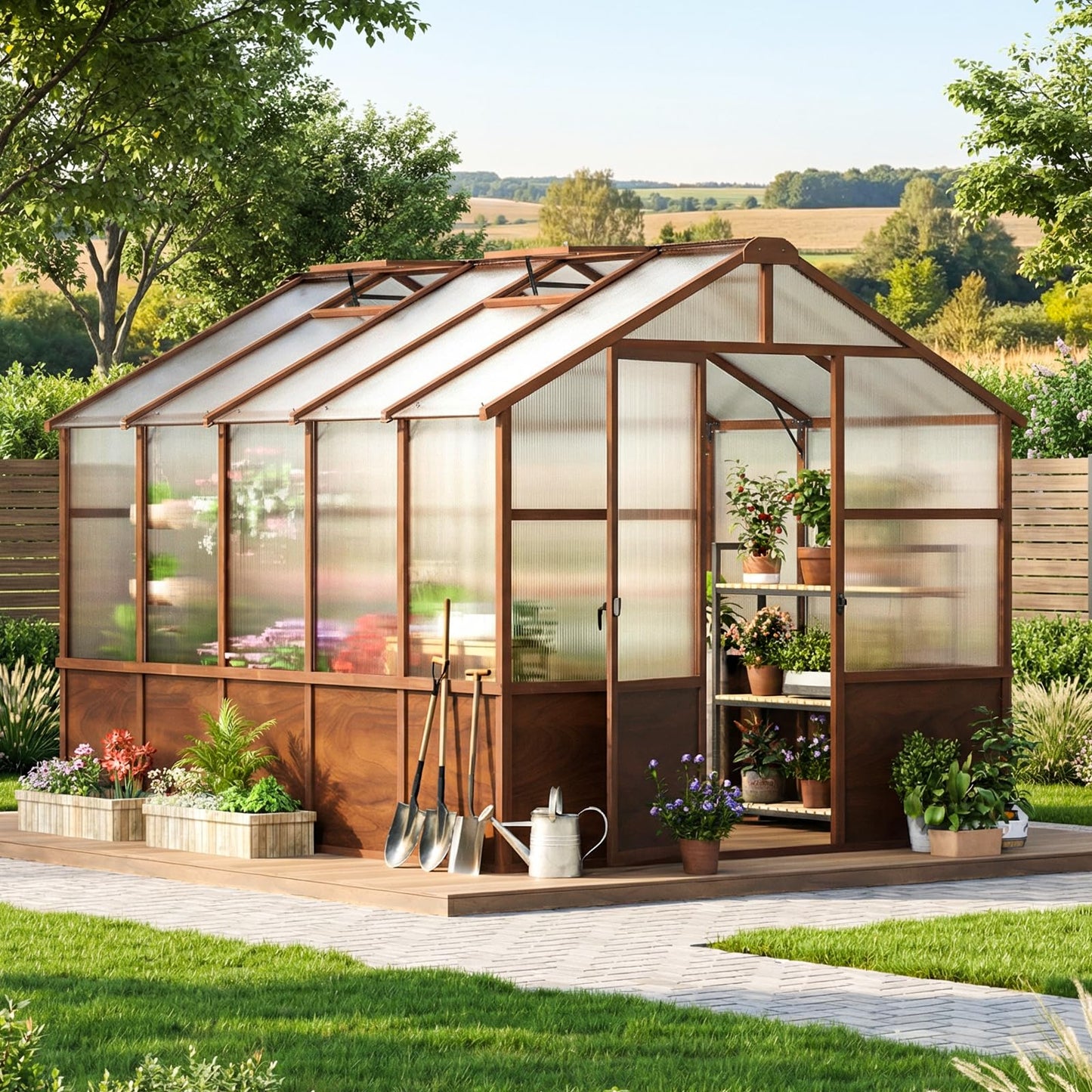 Jocoevol 8x10ft Outdoor Greenhouse, Wooden Frame Polycarbonate Greenhouse with Adjustable Roof Vents and Lockable Door Handle, Walk-in Greenhouse Perfect for Backyard and Garden