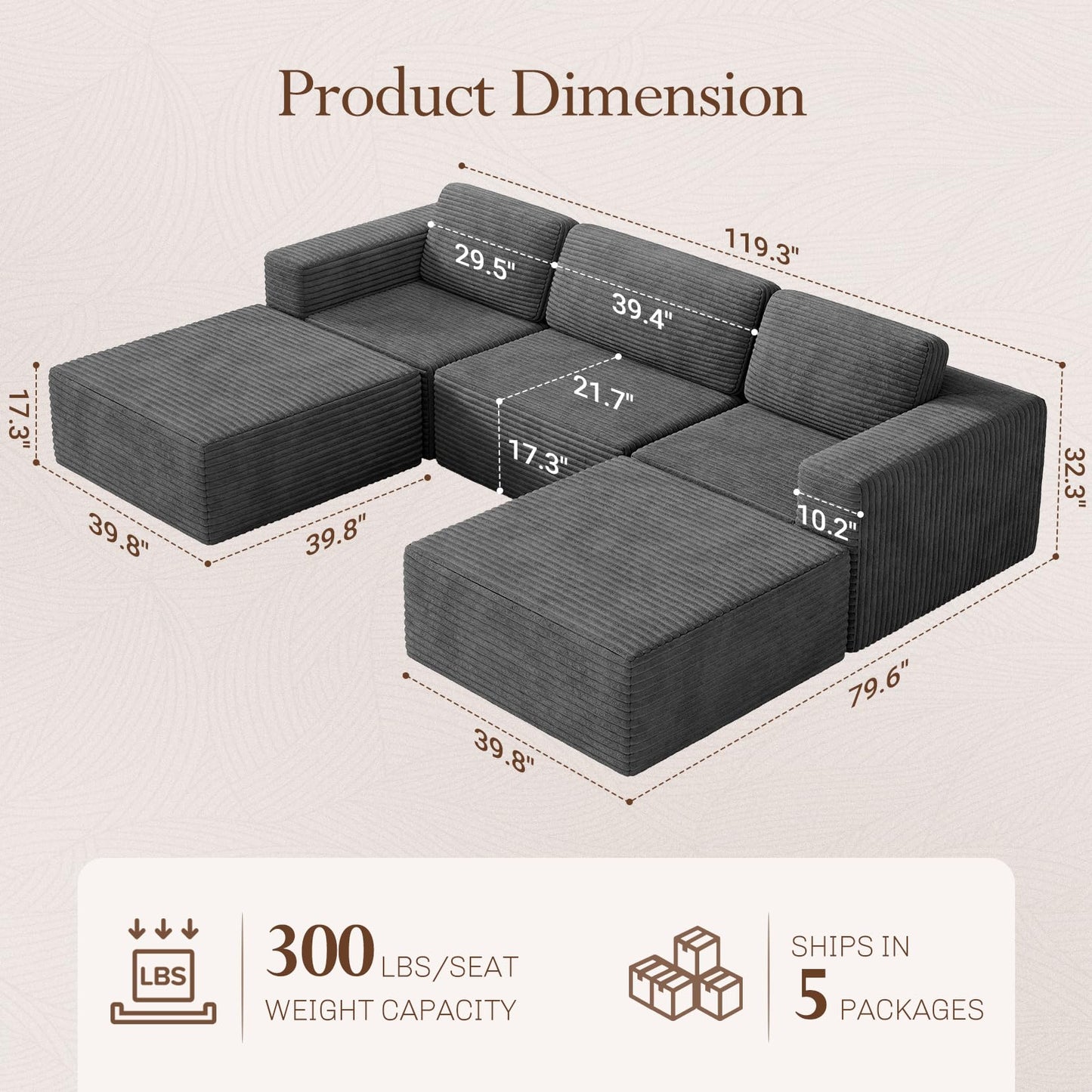 119" U-Shaped Modular Cloud Sofa, Corduroy Sectional Couch with Extra Deep Seats & Durable Spring Support, Convertible Boneless Sofa Set with Dual Ottomans, No Assembly, Grey