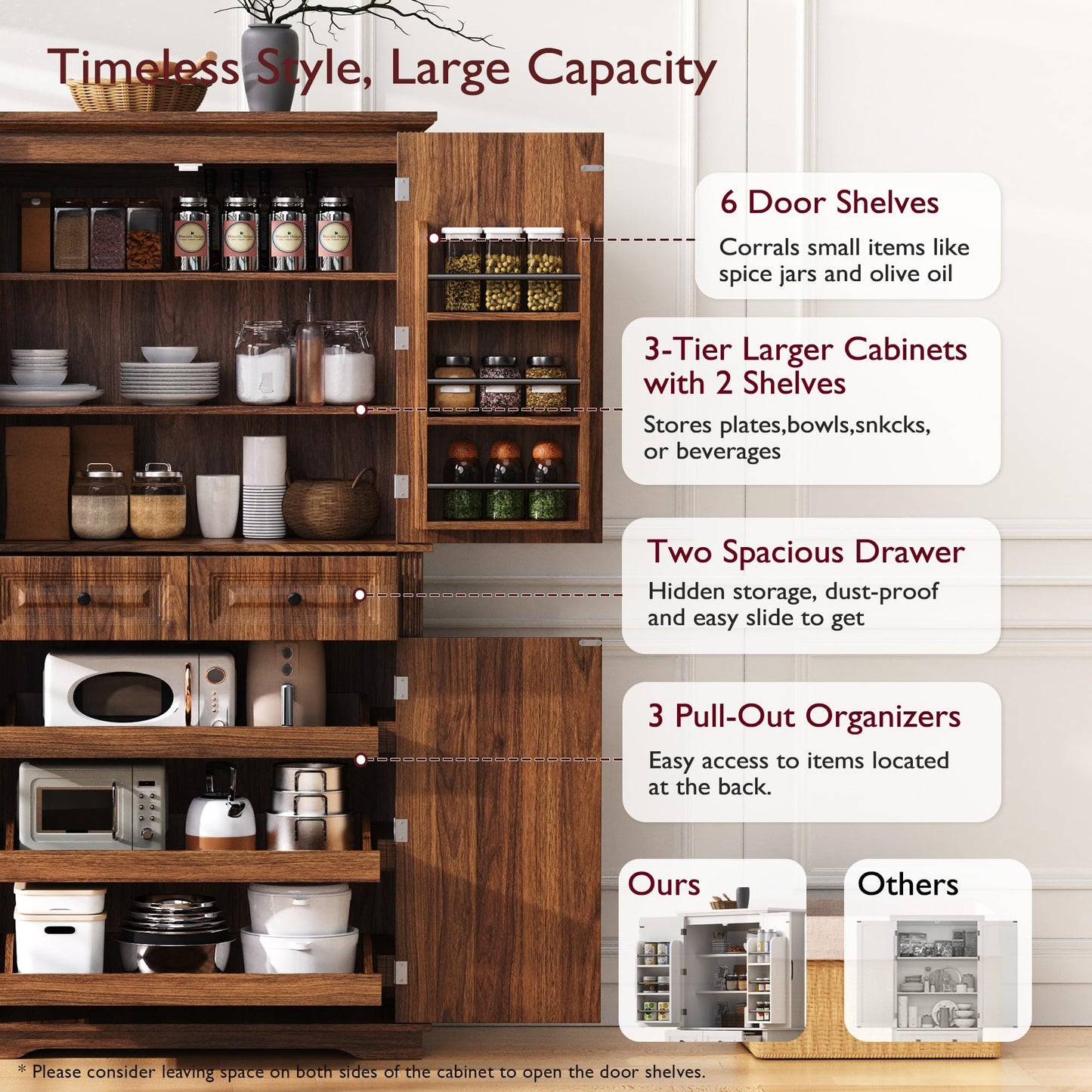 Ball & Cast 71" Farmhouse Kitchen Pantry Cabinet with 3 Pull-Out Organizers, Tall Storage Cabinet with 4 Doors, 2 Drawers, 6 Door Shelves & Adjustable Shelves, Freestanding Cupboard, Rustic Brown