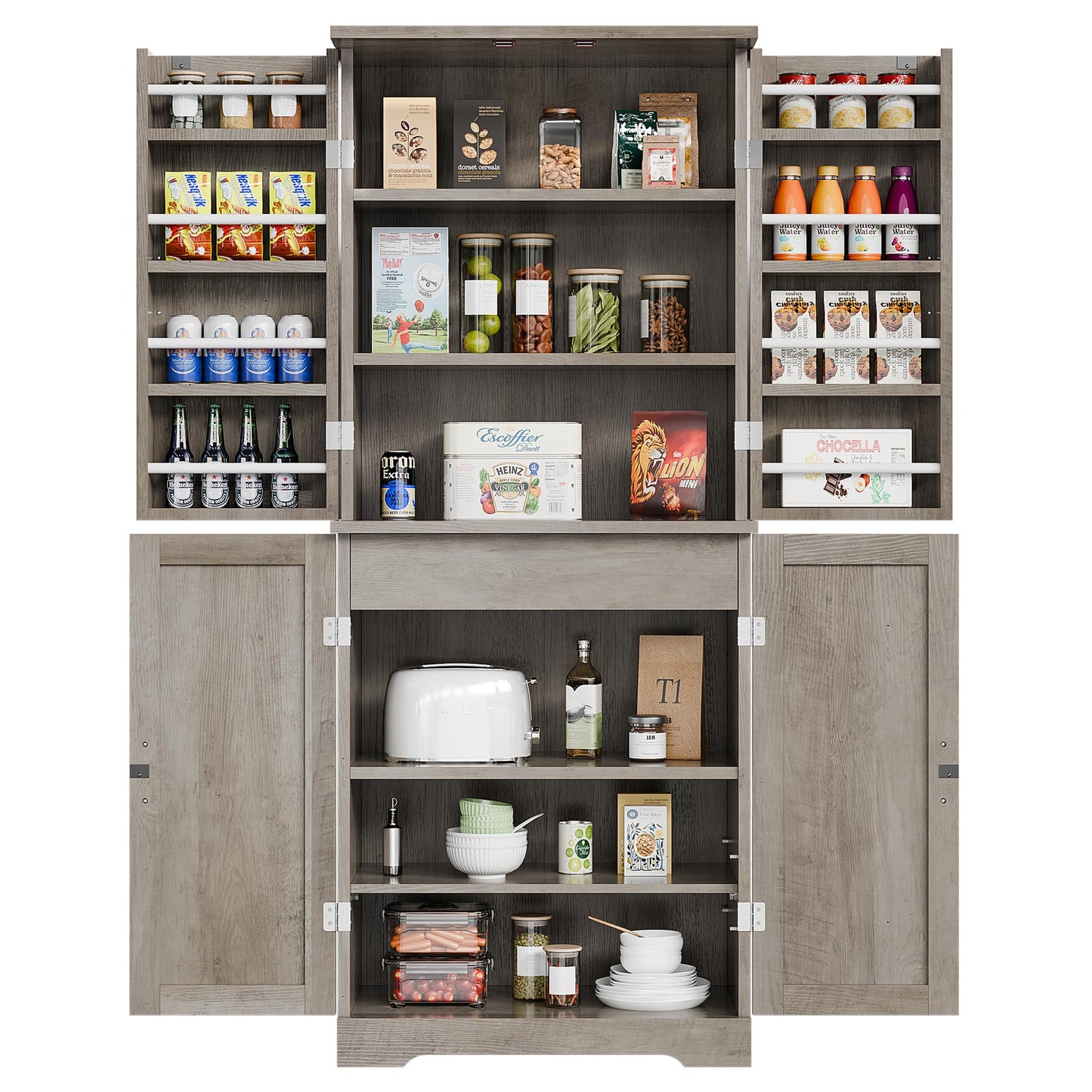 Vongrasig Kitchen Pantry Storage Cabinet with Barn Doors, Drawer and Adjustable Shelves, 6-Tier Tall Rustic Wood Cupboard Locker for Kitchen, Dining Room, Living Room, Bathroom, Rustic Grey