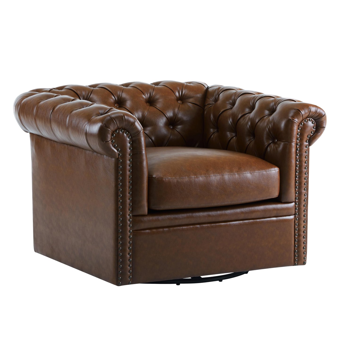 Christopher Knight Home Oakley Chesterfield Faux Leather Upholstered Club Chair, Button-Tufted 360° Swivel Sofa, Scrolled Arm Living Room Sofa, No Assembly Required Furniture, Dark Brown