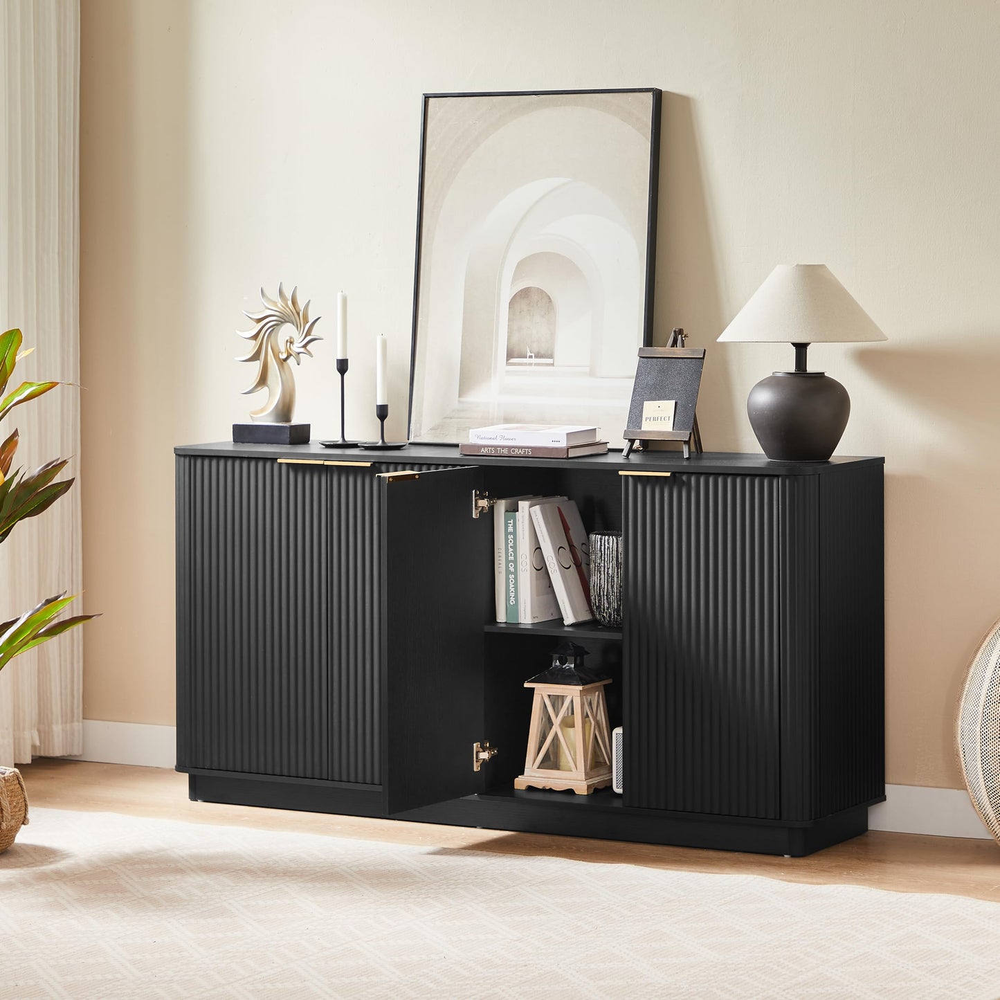 KEIKI 63" Buffet Cabinet Sideboard with Stoarge, Credenza Storage Cabinet, Large Console Table, TV Stand, Coffee Bar Cabinet for Kitchen, Dining Room, Living Room, Entryway, Black