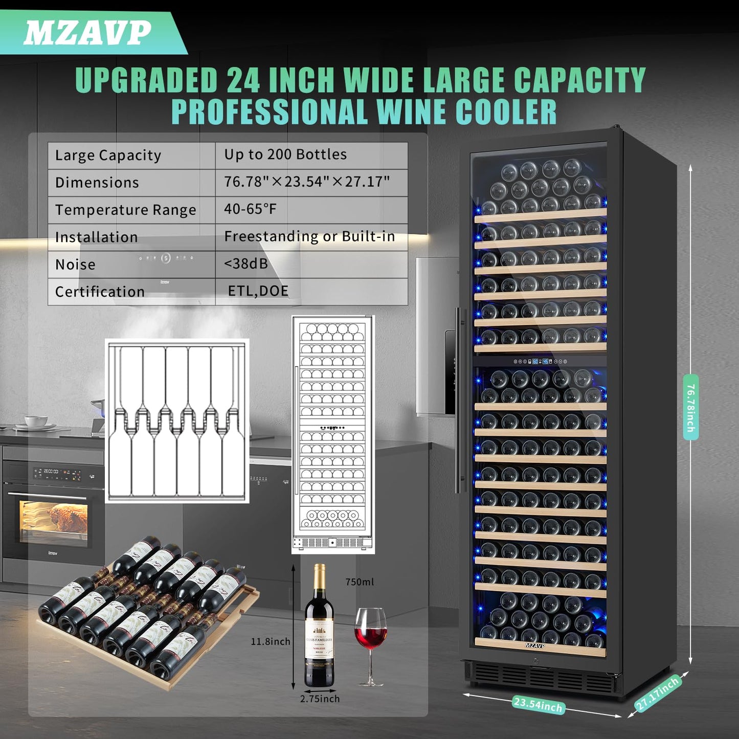 MZAVP 200 Bottle Dual Zone Wine Fridge, 24 Inch Large Wine Cooler Refrigerator Built-In or Freestanding, Tall Wine Cooler with Upgraded Compressor, Temperature Memory, Low Noise and Fast Cooling