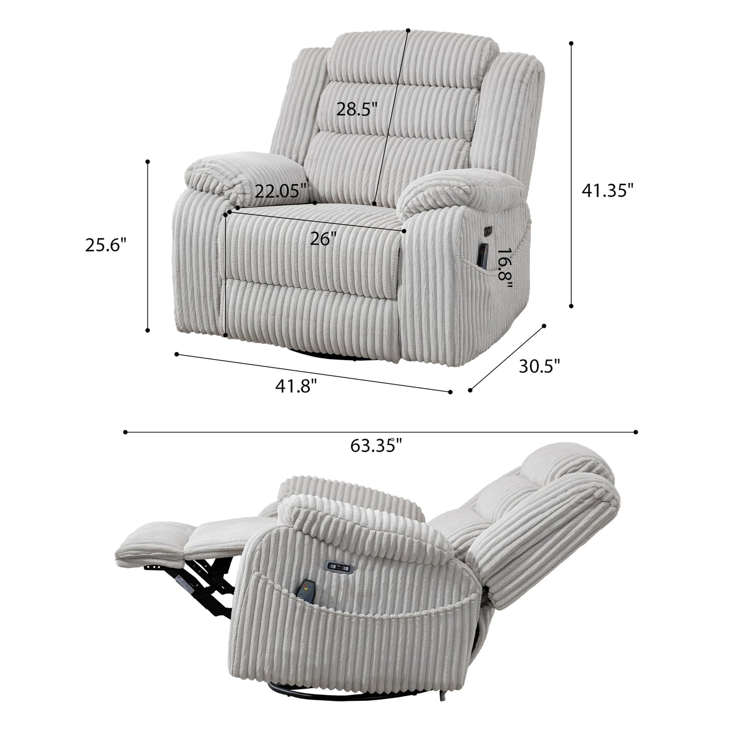 ERYE 41.8" Oversized Swivel Glider Rocker Chair Power Reclining Chair W/Vibration Heat,USB-C Ports,Modern Corduroy Upholstered Power Recliner Nursery Armchair Living Room