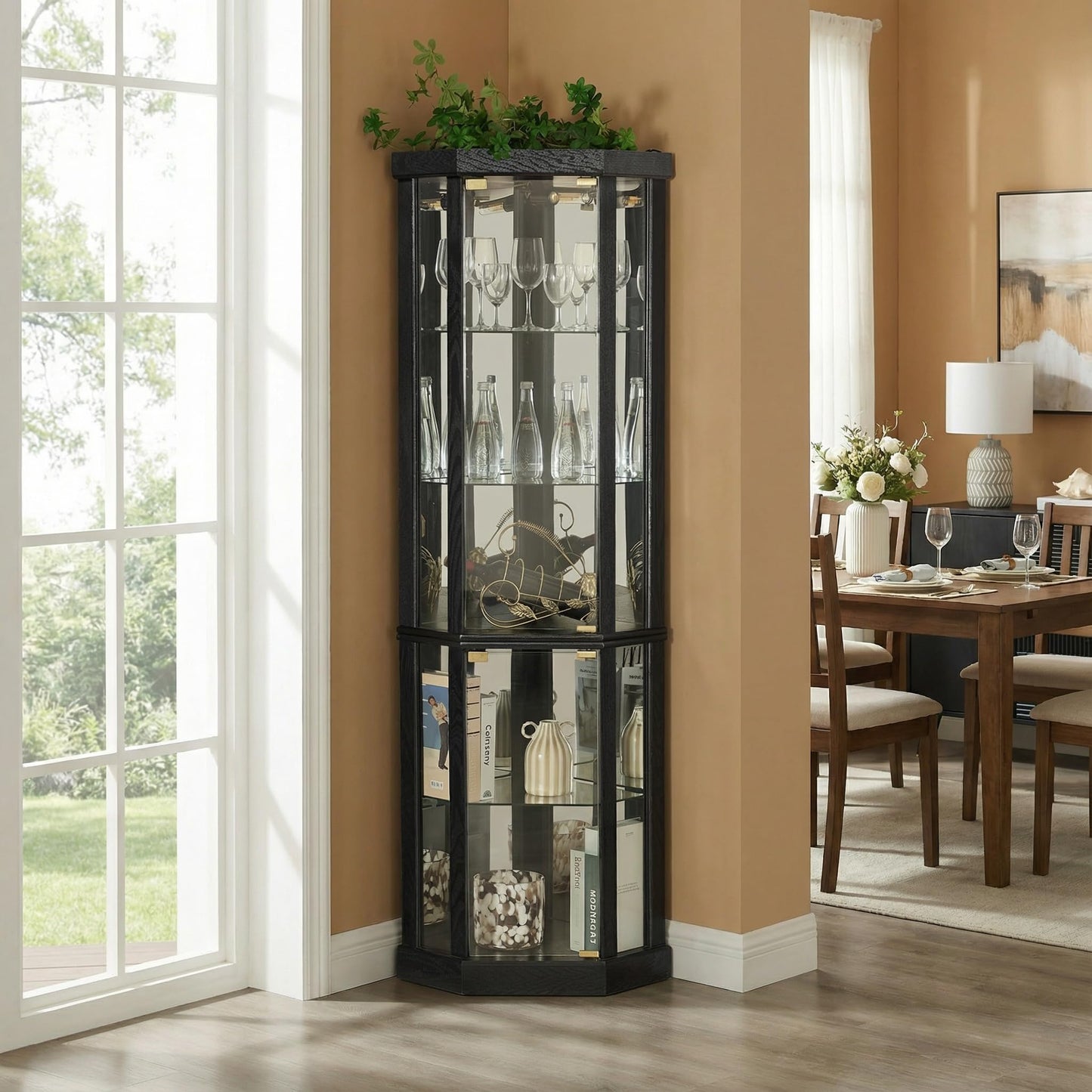 Trygoal 70" H Lighted Glass Display Cabinet, 3-Side Corner Curio Cabinet with Tempered Glass Doors, Elegant China Cabinet Dis, Black